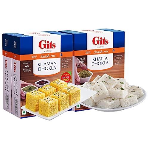 Gits Gits Snacks Mix Khaman Dhokla 1000g (Pack of 2 x 500g Each) and Khatta Dhokla 1000g (Pack of 2 x 500g Each) Pure Veg