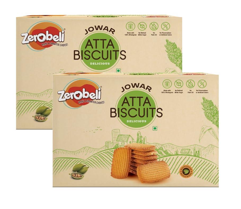 Zerobeli Zerobeli Jowar Atta Biscuits with Elaichi 750g (375g x 2) |Premium Handmade Atta Biscuits| No Refined White Sugar, No Palm Oil, Preservatives or Colors|