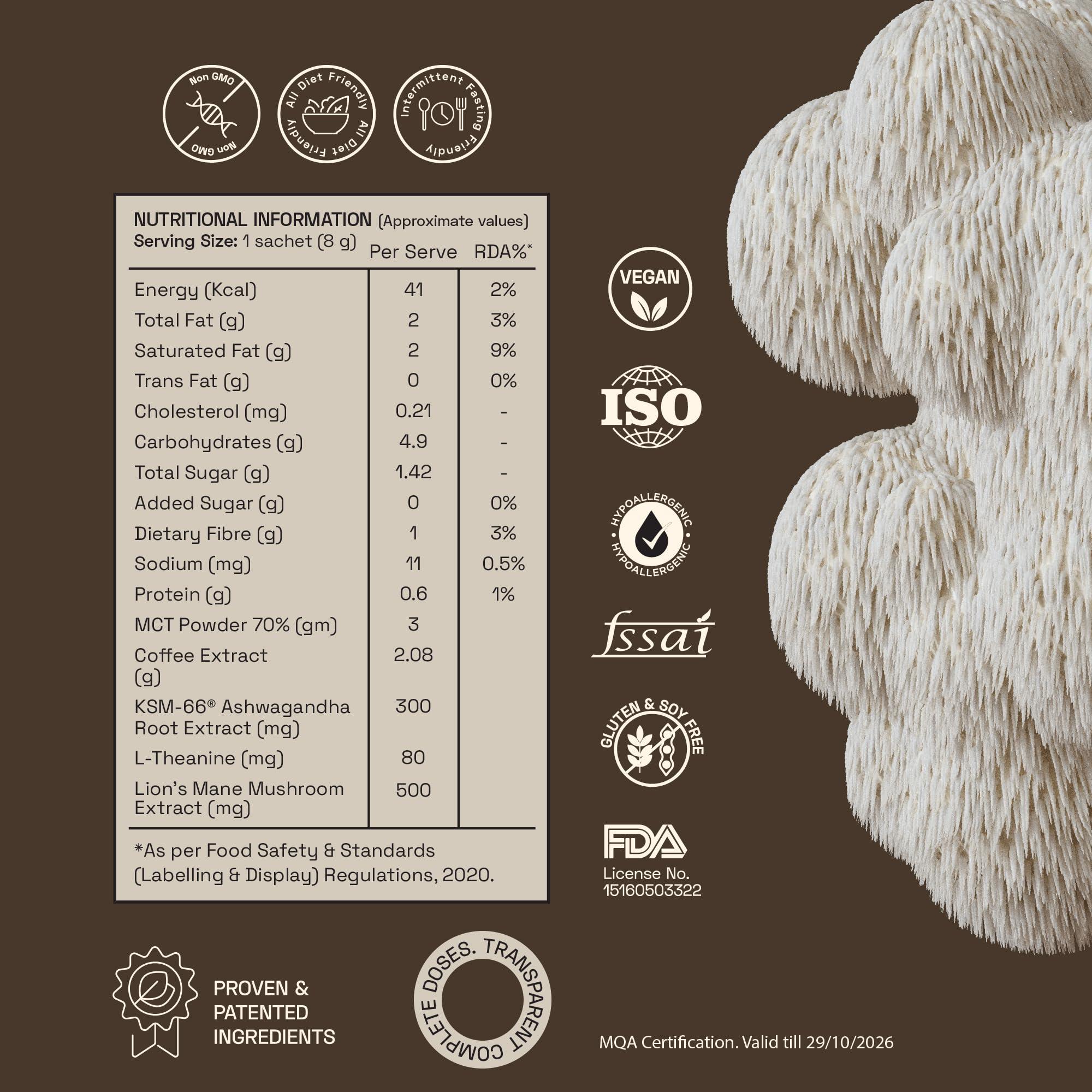 Ace Blend Ace Blend Lions Mane SHROOM COFFEE | 30 serves | Mushroom Coffee | KSM 66 Ashwagandha | L-Theanine | MCT | Focus | Memory | 100% Arabica | Instant Black Coffee | Keto | Cold/Hot Brew