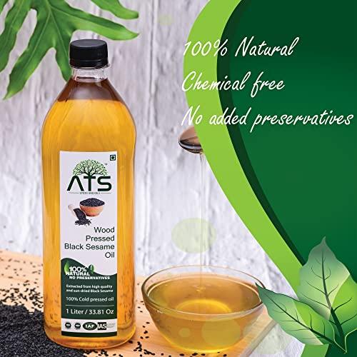 ATS ATS 100% Wood Pressed Black Sesame Oil 1 Litre Pet Bottle, Kacchi Ghani/Mara Chekku, Black Sesame Oil, Kalatil ka tel, Gingelly Oil, Natural, Chemical-Free, Wood Pressed Coconut Oil for Cooking