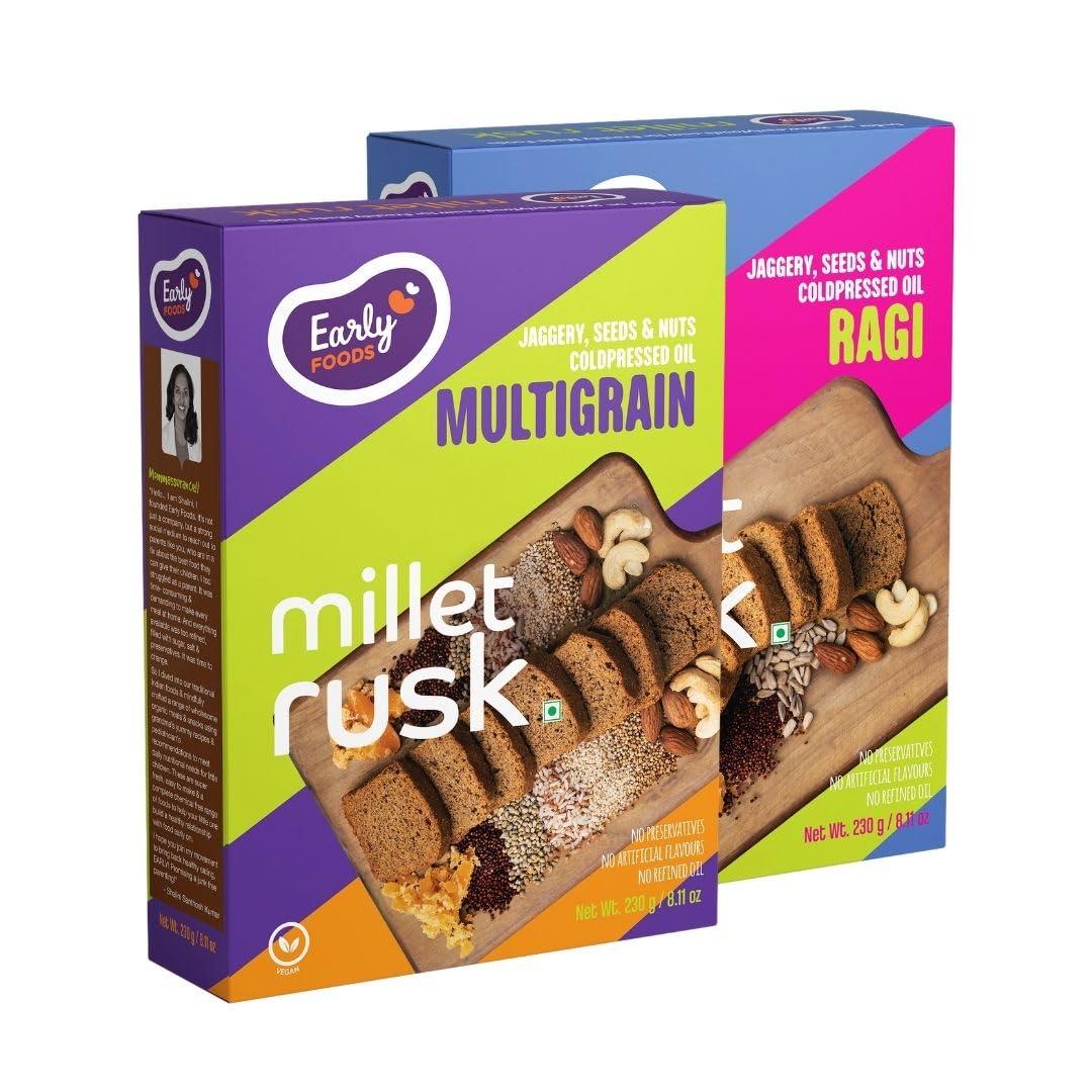 Early Foods Early Foods Assorted Pack of 2: ZERO Maida Ragi Rusk & Multigrain Rusk | Sugarfree Millet Rusk with Jaggery | Millet & Atta Rusk No Maida | Kids Snack | 230g x 2