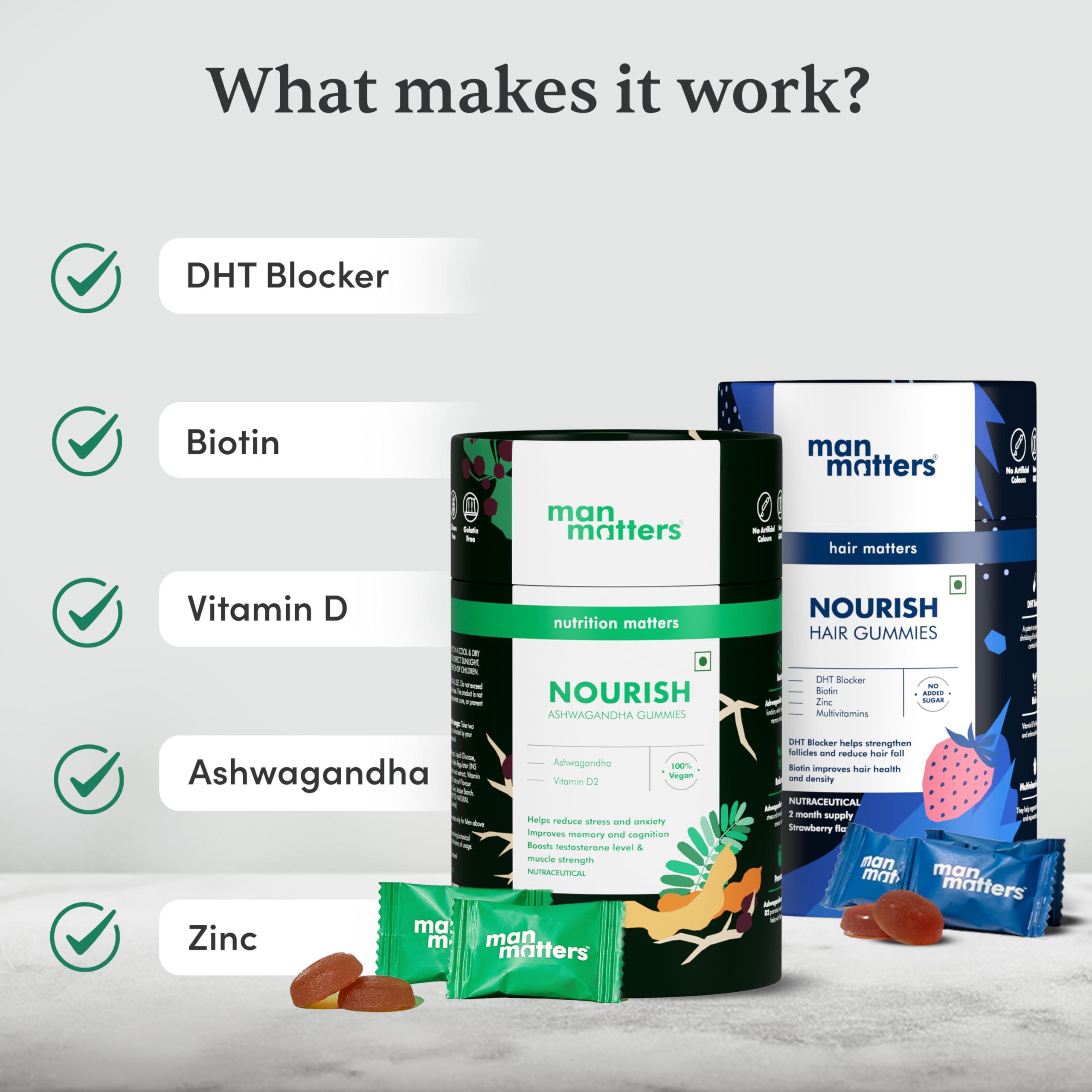 Man Matters Man Matters Ashwagandha Gummies & Biotin Gummies (120 Gummies) | 300mg Ashwagandha & Biotin | Nourishes Hair, Promotes Recovery, Enhances Well-Being, With Vit A, Vit C, Vit E, Zinc & DHT Blocker