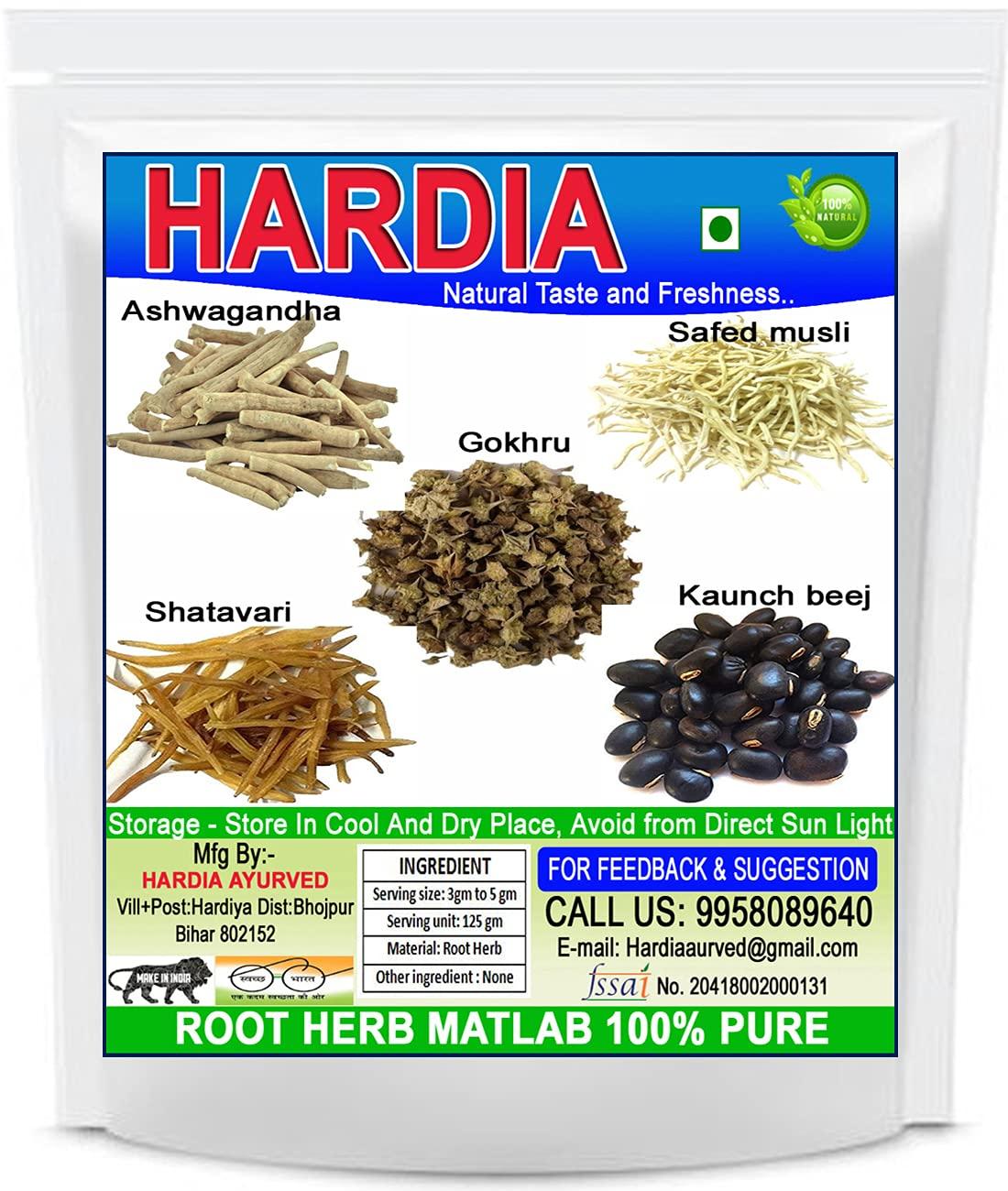Hardia Hardia shatavar, safed musli, kaunch beej, gokhru, ashwagandha 125gm Combo Pack