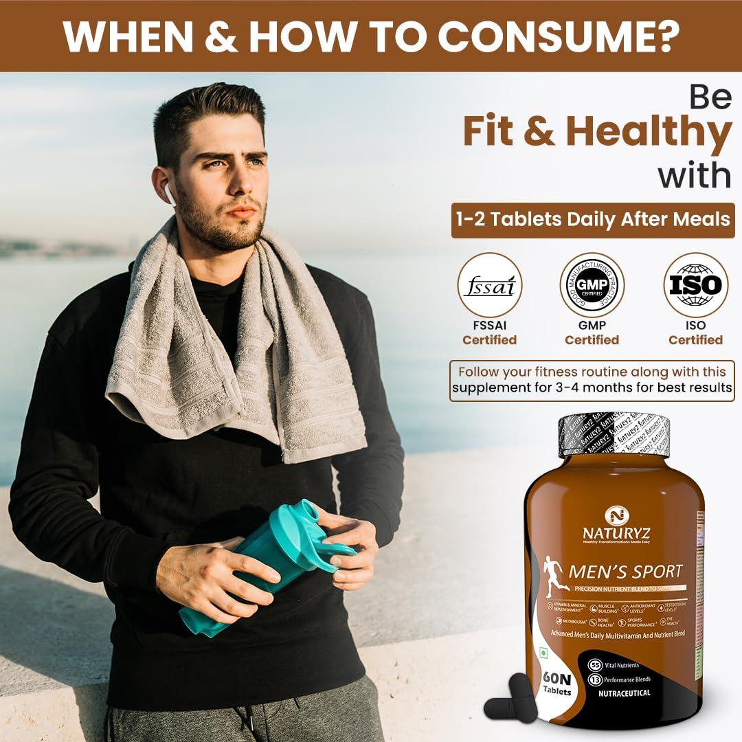 Naturyz NATURYZ MEN\'S SPORT Specialized Daily Multivitamin for Men with Highest 55 Nutrients (Vitamins, Minerals, Aminos, Enzymes, Antioxidants, Herbal Extracts ) and 13 Performance Blends for Muscle growth, Energy, Strength & Immunity - 60 Tablets(Pack of