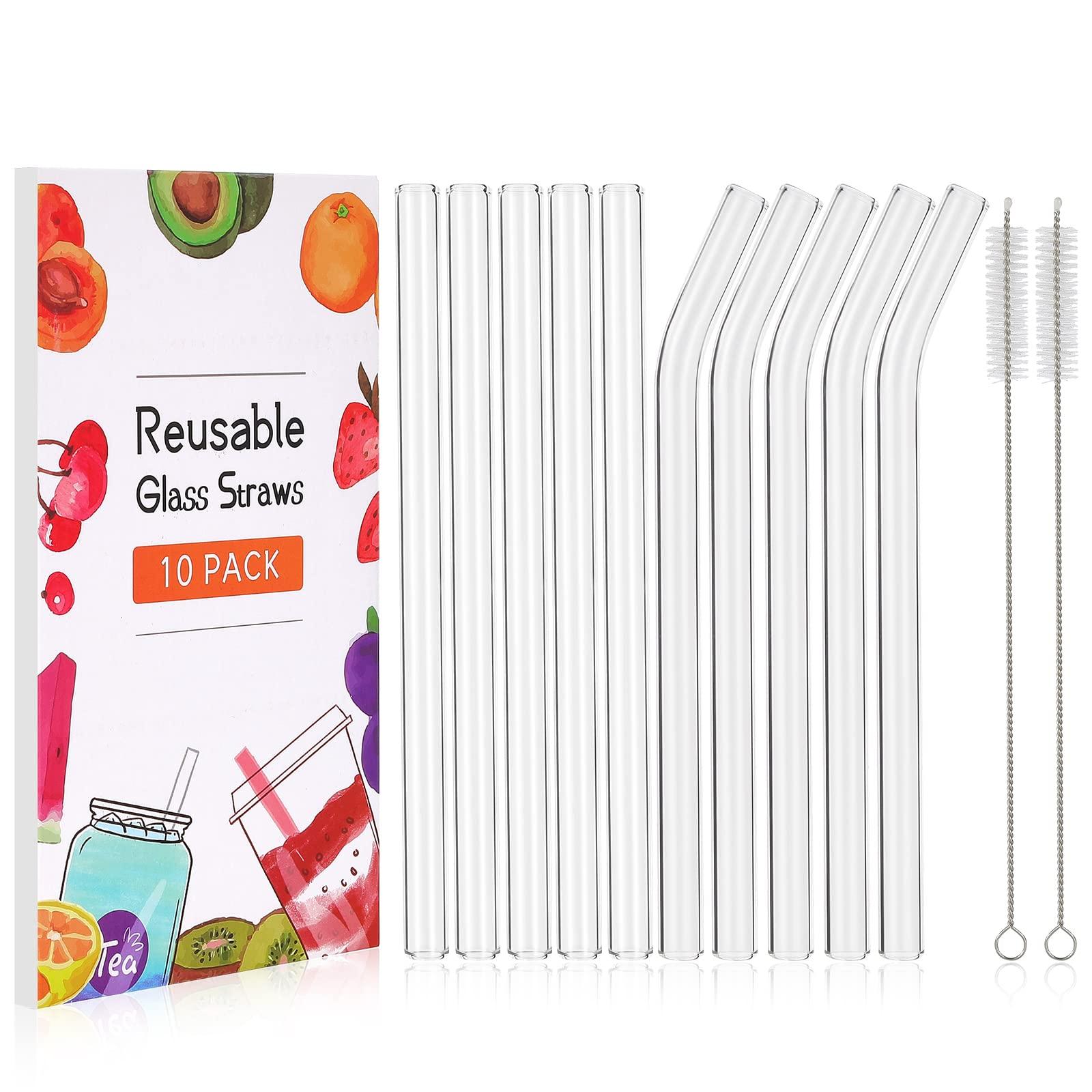 RENYIH RENYIH 10 Pcs Reusable Boba Straws,9.05\'\'x14 mm Wide Glass Drinking Straws Smoothie Straws for Bubble Tea, Milkshakes, Juice,Set of 5 Straight and 5 Bent with 2 Cleaning Brushes -Dishwasher Safe