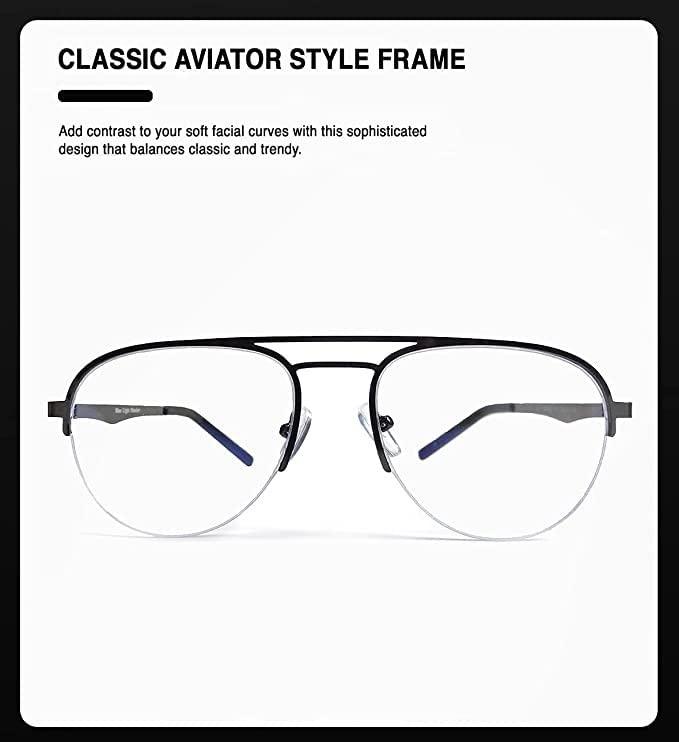Eymen I Eymen I Blue Light Glasses for Men Semi Rim Glasses Crystal Lens Rimless Glasses Computer Glasses UV Blocking Gaming Eyeglasses (Semi-Circular Aviator)