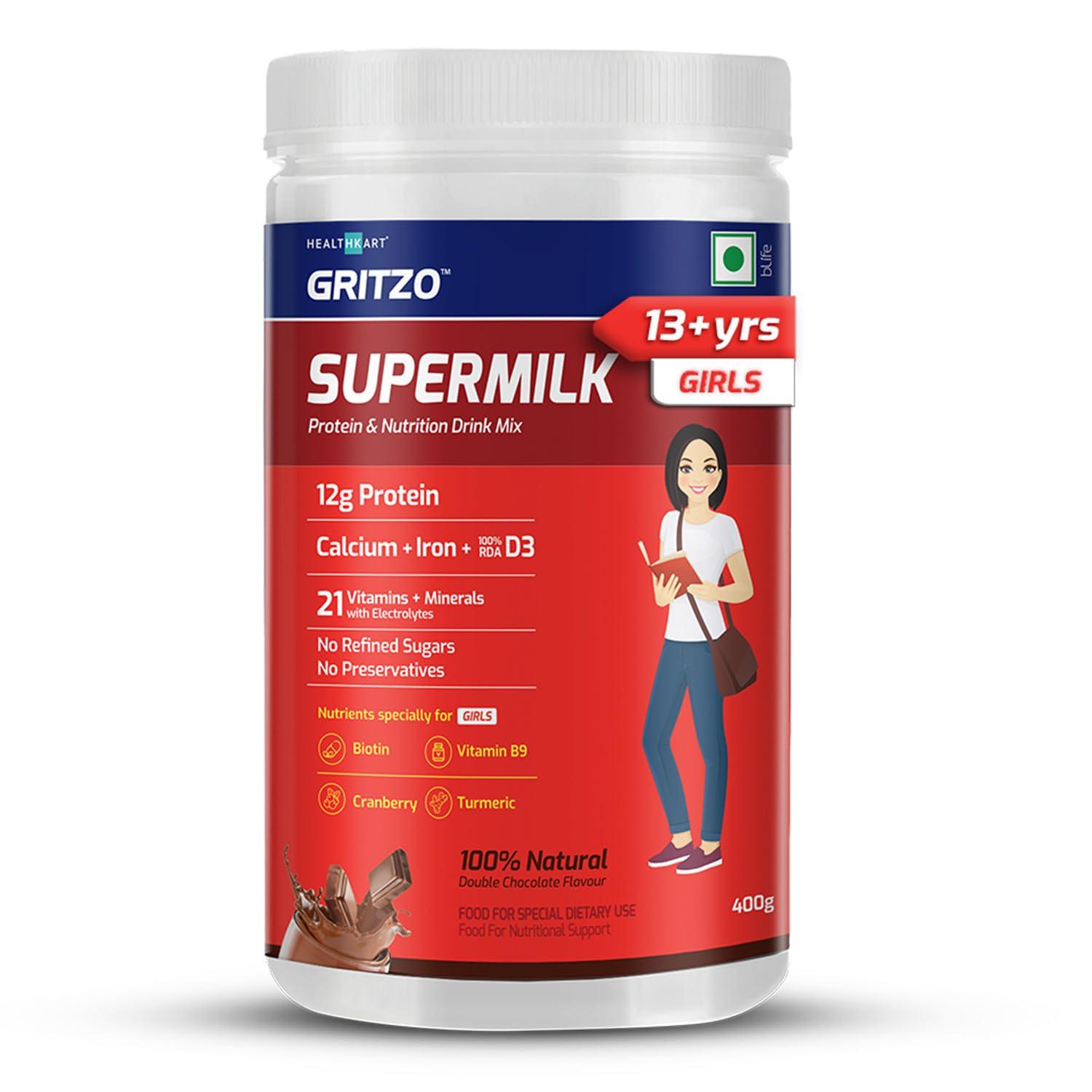Gritzo Gritzo SuperMilk Overall Growth (13+y Girls), 12g Protein (Double Chocolate, 400g) | Zero Refined Sugar, 21 Vitamins & Minerals