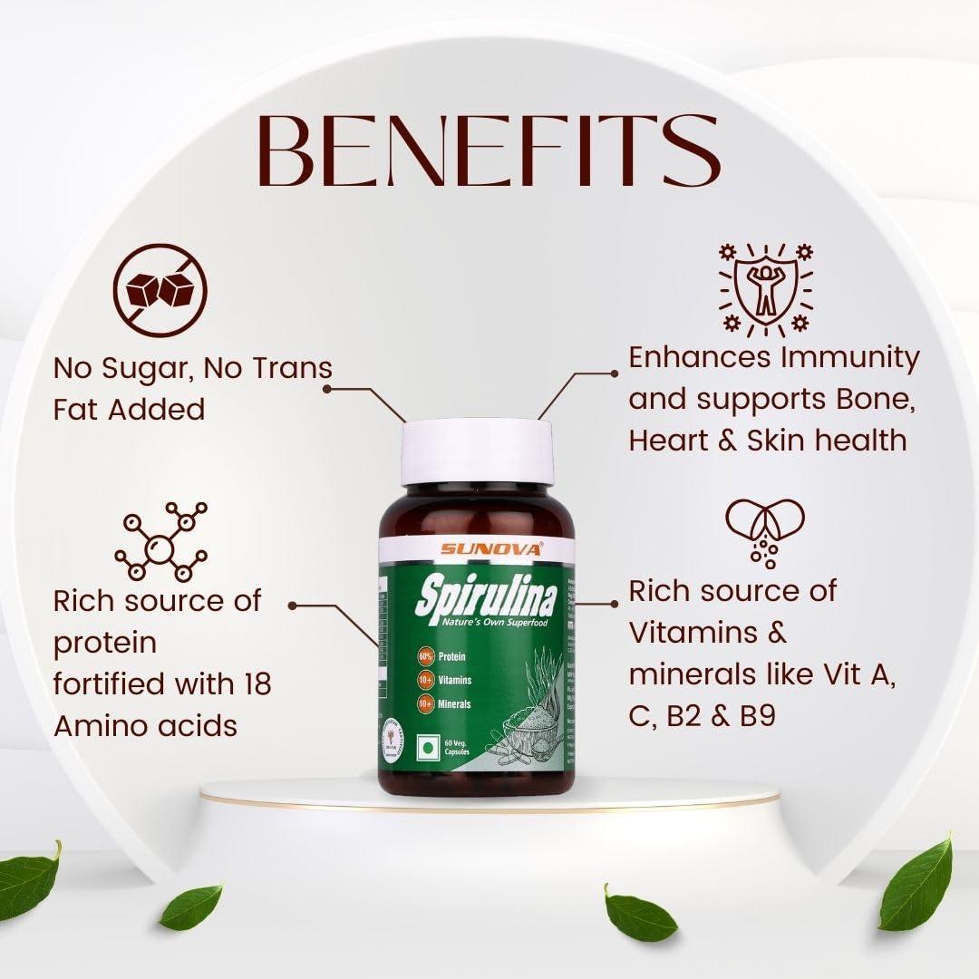 SUNOVA SUNOVA Spirulina Capsules - Natures Own Superfood and Nutritional Supplement, full of Protein,Vitamins & Minerals 60 Capsules (Pack of 2)