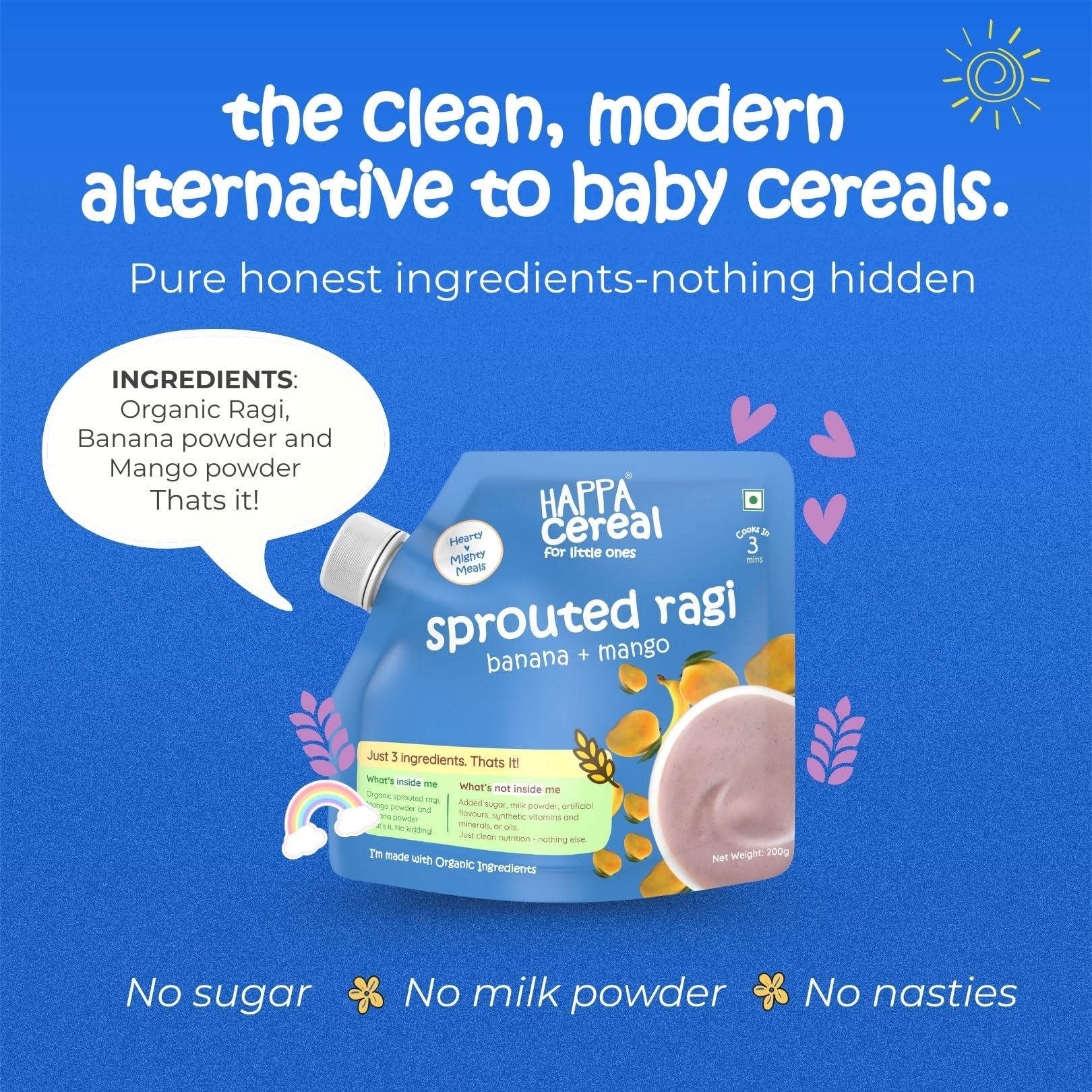 HAPPA Happa Organic Baby Food Sprouted Ragi, Mango and Banana Cereal Mix Porridge | Calcium Booster - Bone Strength | 100% Natural, Organic Khichdi | No Added Salt, Sugar or Milk | No preservatives | 200gm