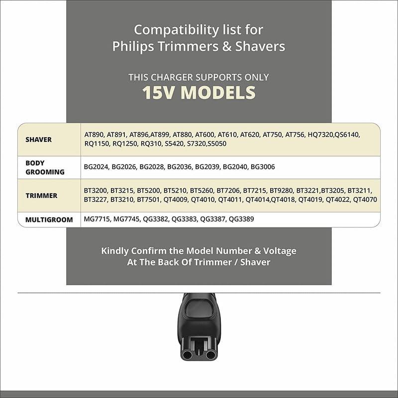 EVERHYPE EVERHYPE 15V USB Charging Cable Compatible With Philips Trimmers & Shavers | HQ8505 Replacement Charger (Complete list of compatible models in bullet point) BK BT3227