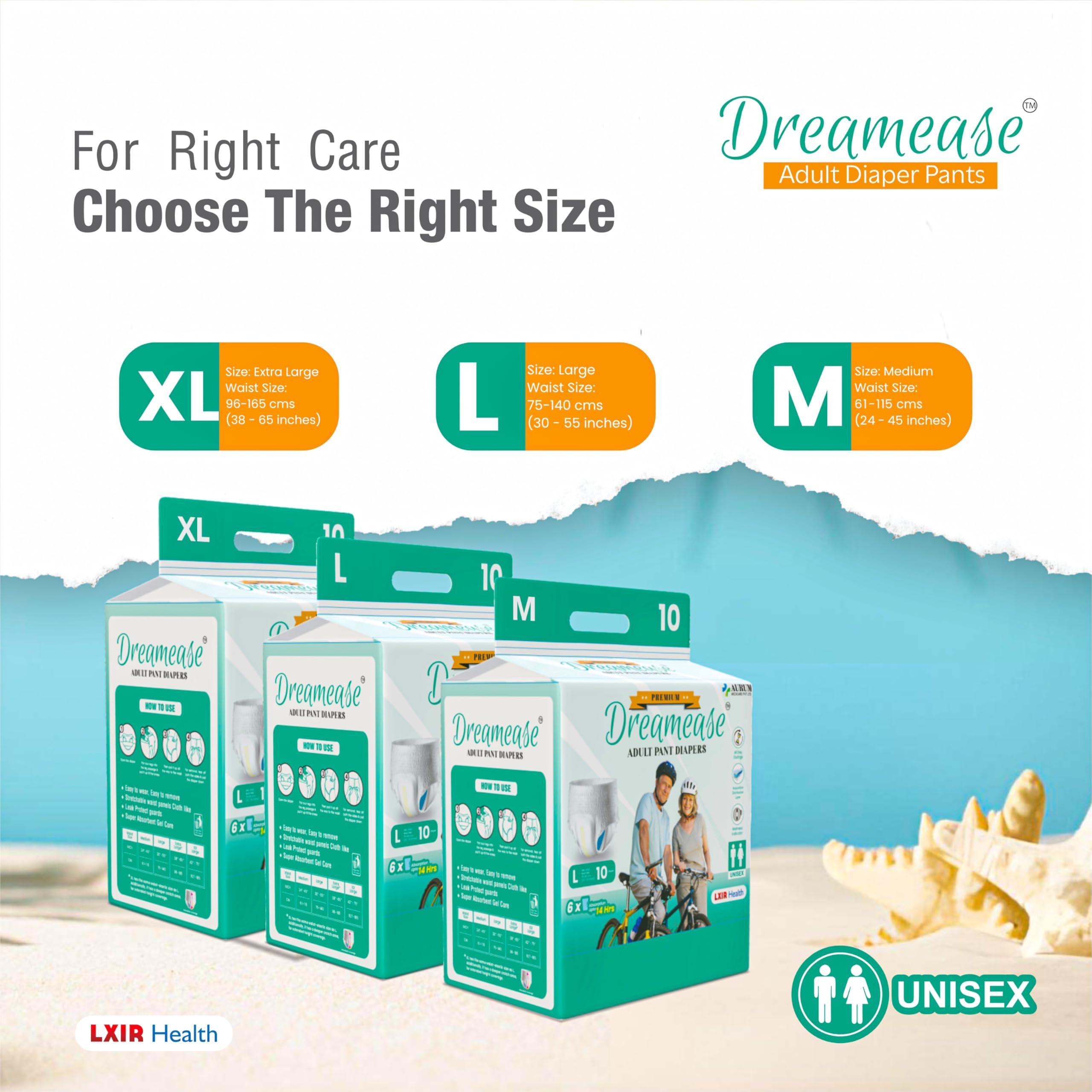 Dreamease Dreamease Adult Diapers Pants Style | Medium Size (M) Waist (61-115 Cm | 24-45) | 6X Super Absorbency Upto 14 Hrs | Unisex with Wetness Indicator | 10 Units. (XL)