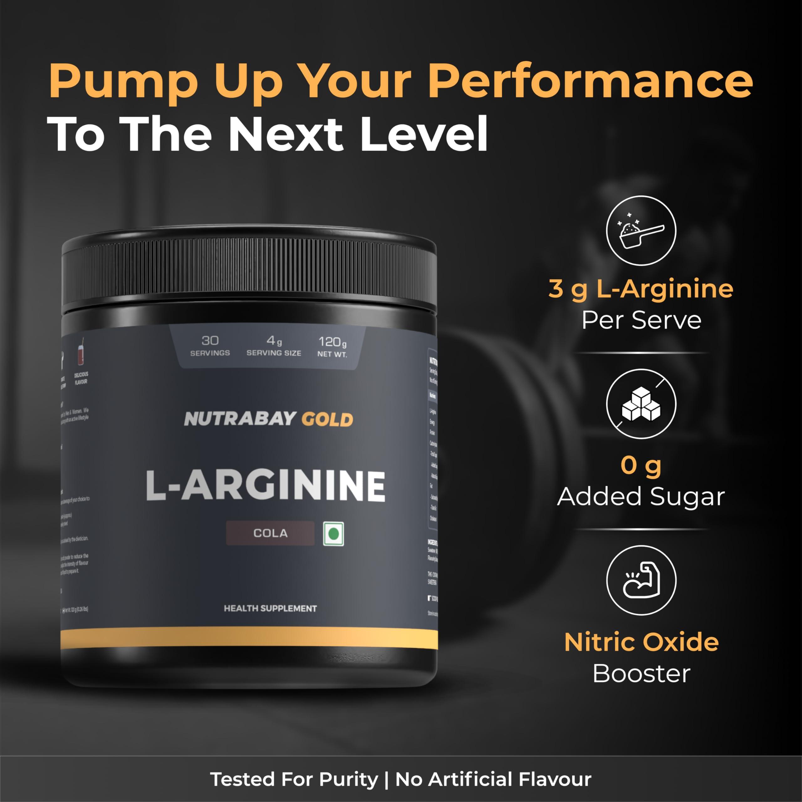 Nutrabay Nutrabay Gold L-Arginine Supplement Powder - 120g, Cola Flavor | Pre Workout Amino Acid for Endurance, Muscle Building & Faster Recovery