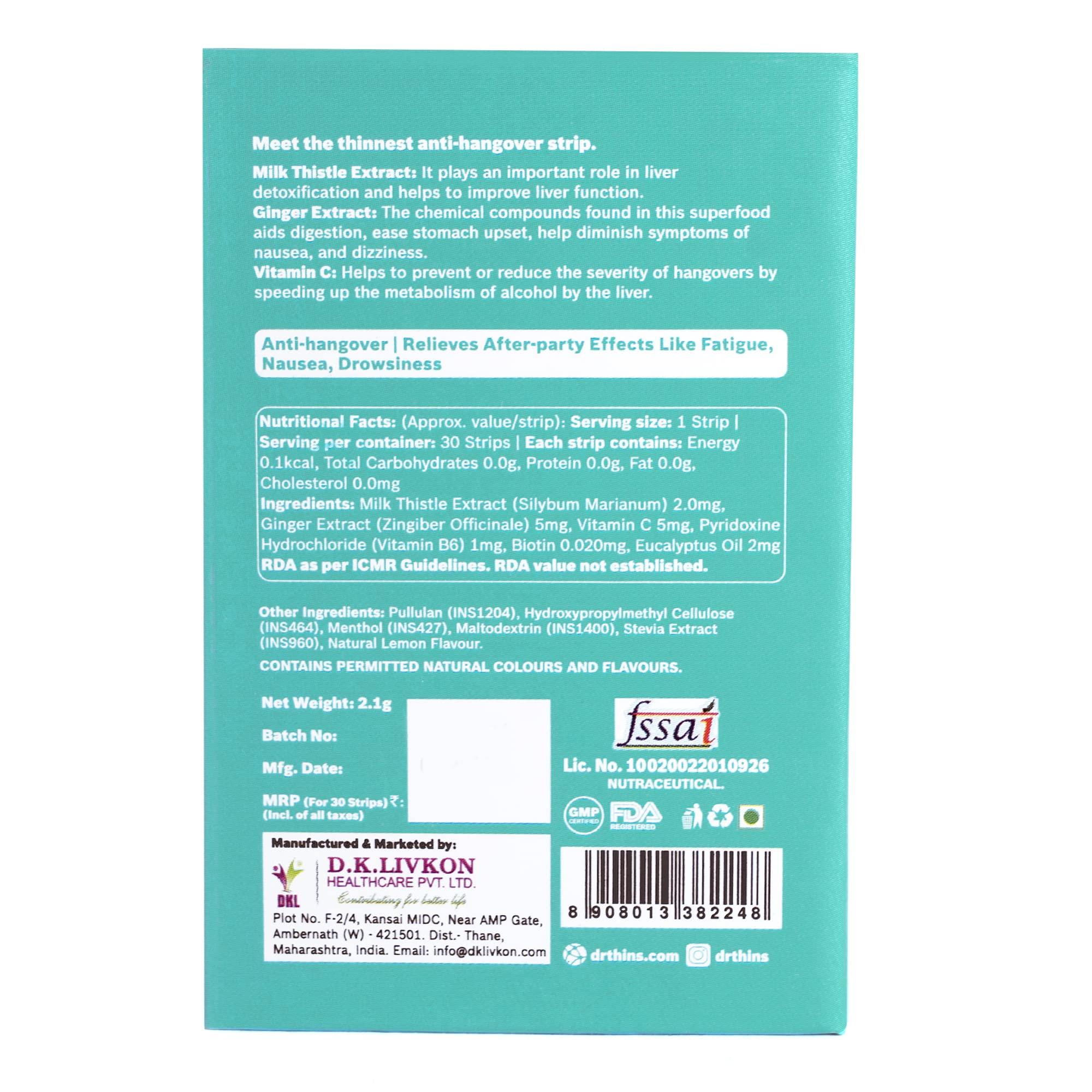 Dr Thins Oral Thin Film Dr.Thins Hangout for A Refreshed Morning After Party,Plant Based Milk Thistle Extract, Ginger Extract, Vitamin C for Anti Hangover and Relief from After Party Effects- 30 Oral Strips (Pack of 2)
