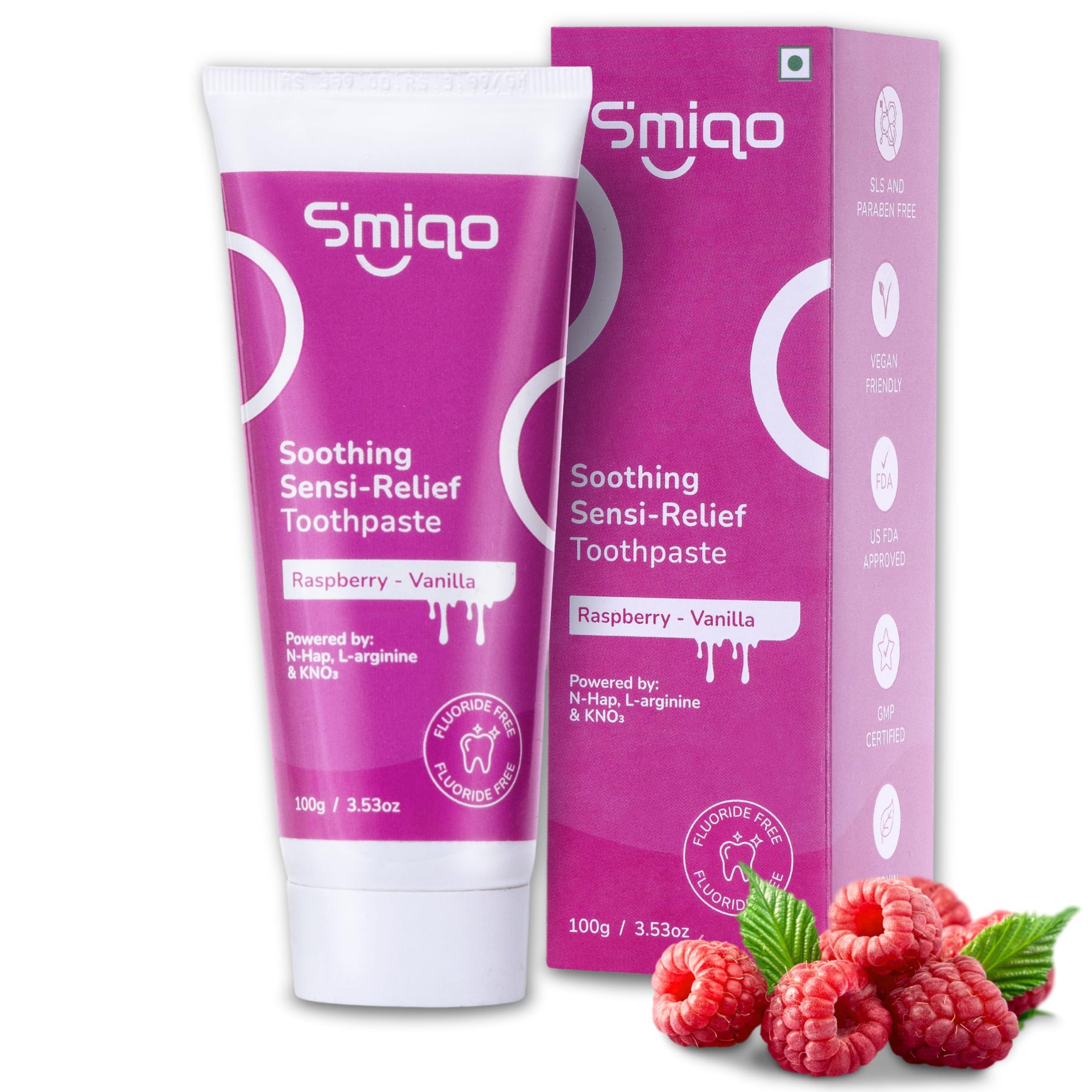 Smiqo Smiqo Sensi Relief Toothpaste - 100g | Instant Sensitivity Relief | Raspberry-Vanilla Delight | Advanced Formula with N-Hap, L-Arginine, and Potassium Nitrate | Fights Plaque & Cavities | Freshens Breath | SLS-Free | No Harsh Chemicals