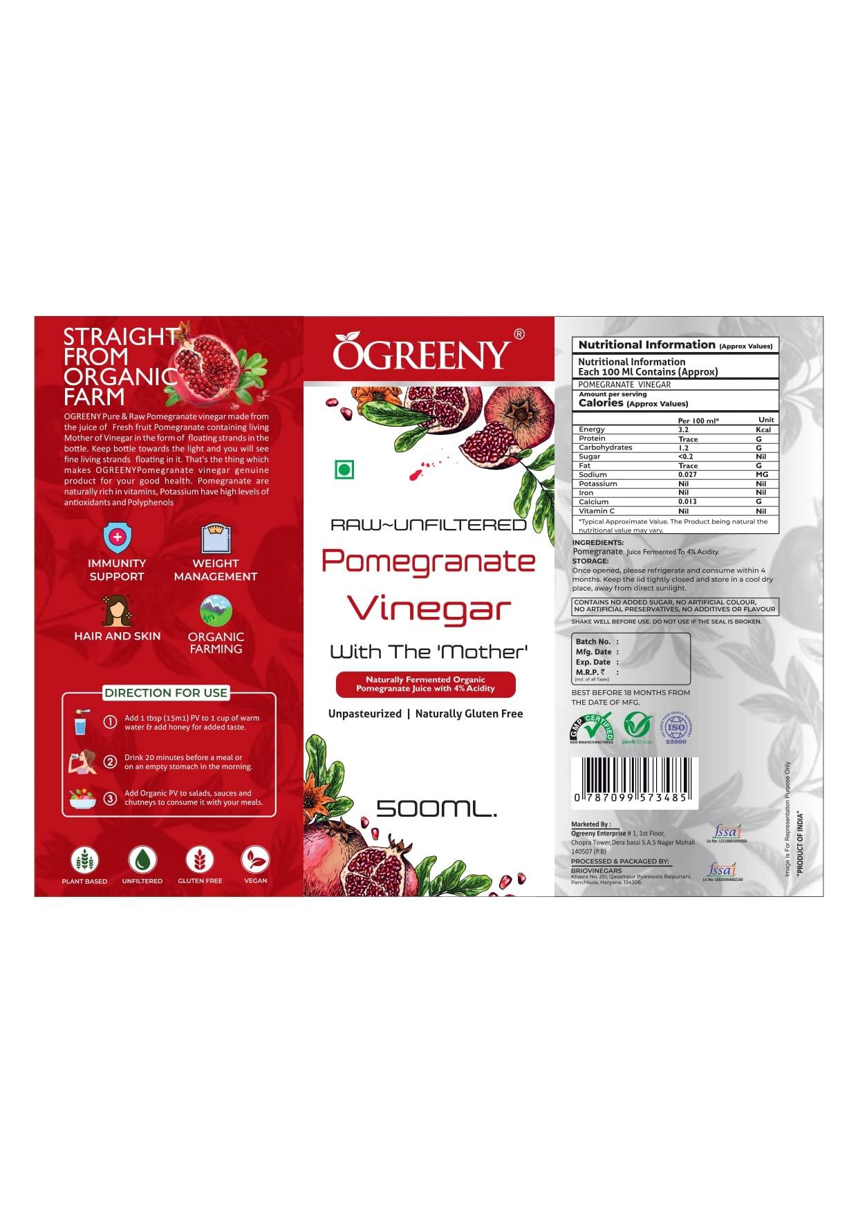 OGREENY Ogreeny Organic Pomegranate Vinegar With Mother 500 ml Made with Organic Juice
