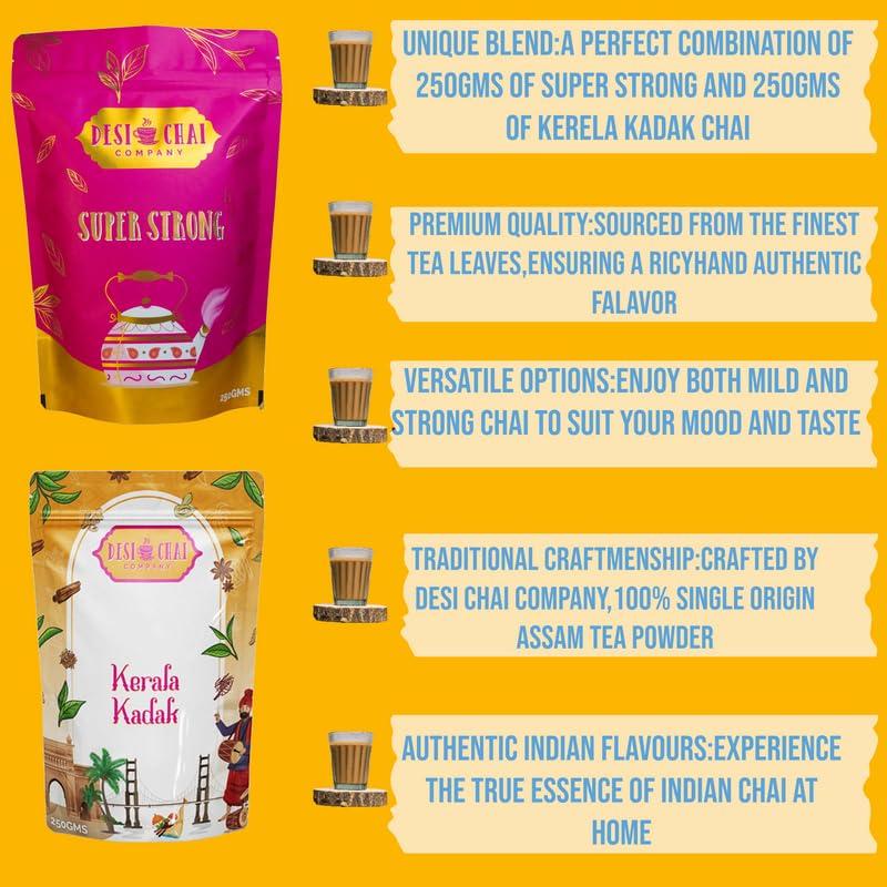DCC - Desi Chai Co Desi Chai Company Strong Tea & Masala Chai Each 250gm | Masala Chai Patti | Adrak Chai | | 100% Natural Spices Assam CTC Tea & Blended Black Tea Powder | Kadak Chai (Kerala Kadak)
