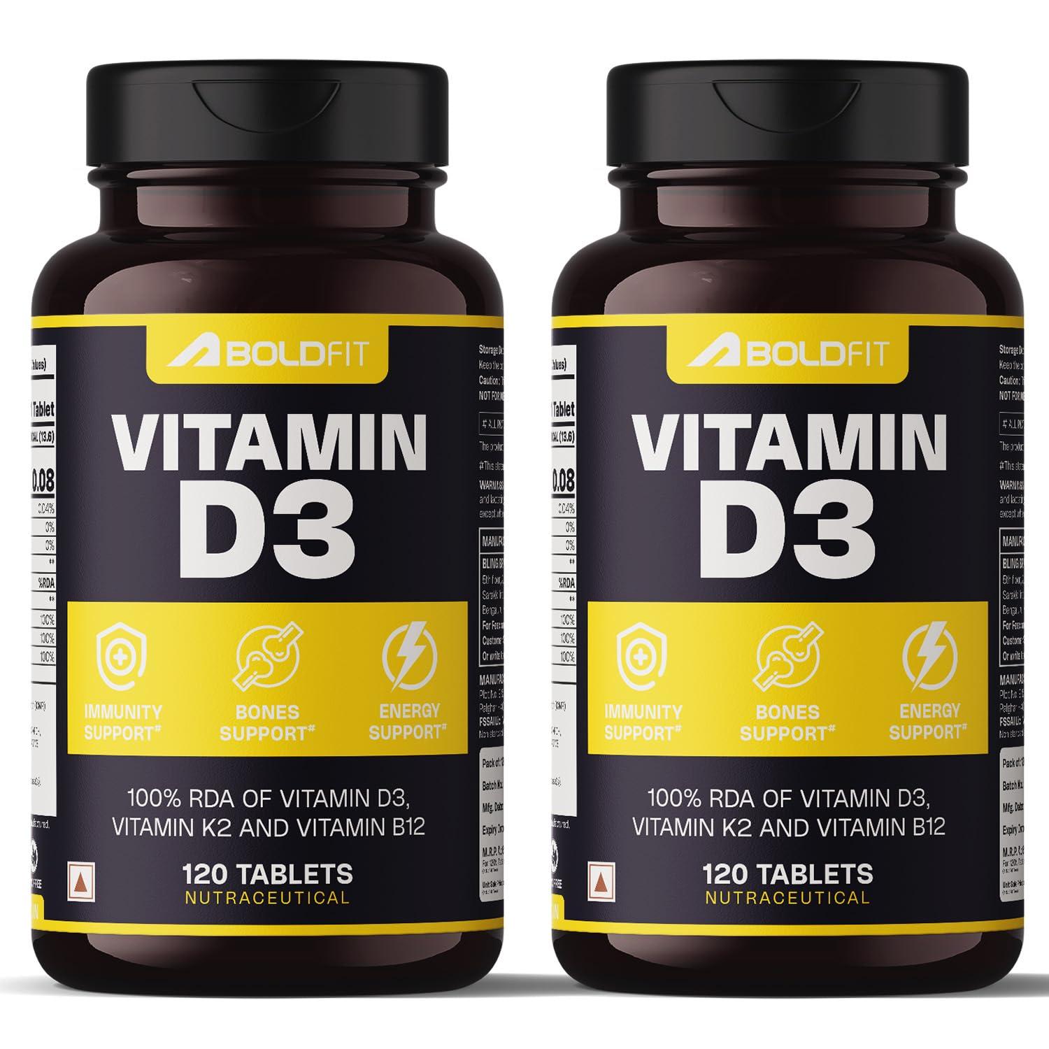 Boldfit Boldfit Vitamin D Supplement Vitamin D3 K2 MK7 & Vitamin B12 Supplement for Men & Women Energy Support, Bone Health, Immune Support, Daily Vitamin D Supplement for Wellness -120 Veg Tablets