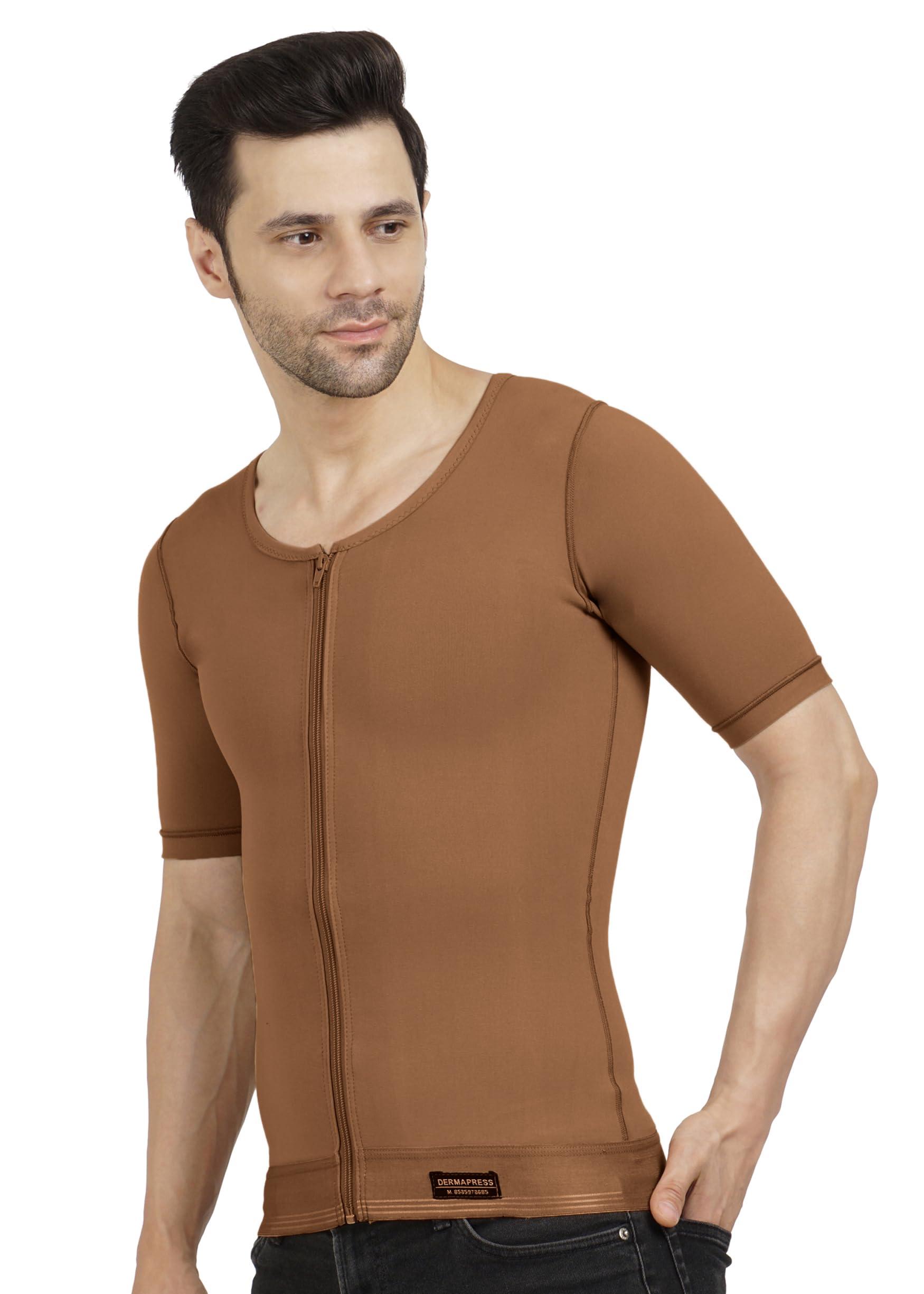 Dermapress Gynecomastia Compression Vest with Short Sleeve| HIGH Compression| Front Zip and Hook Closer| Tomboy Chest Binder| Chest, Abdomen & Back Support for Men| (Brown, M)