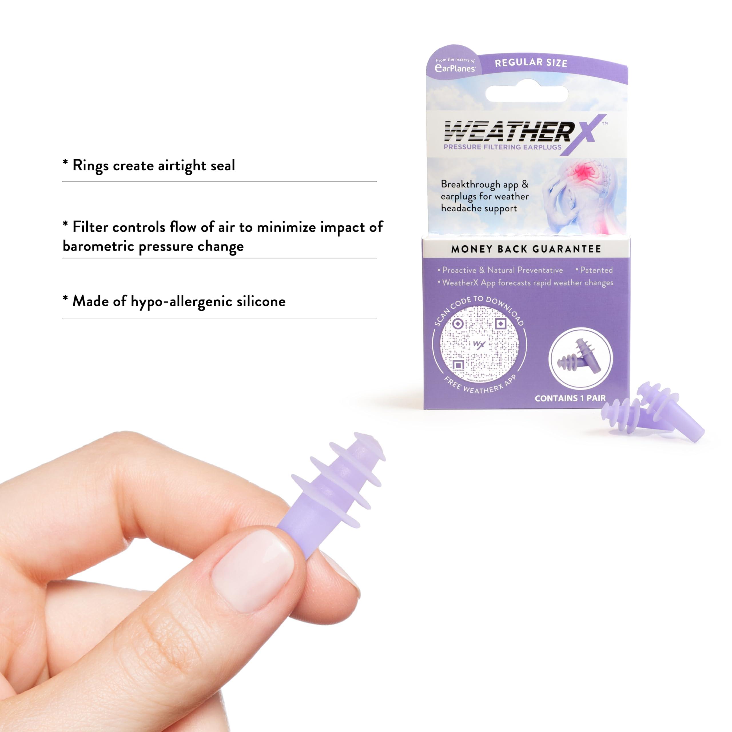 WeatherX WeatherX Headache Prevention Pressure Filtering Earplug for Shifts in Barometric Weather Pressure, Download Free Alert app (Regular 1 PK)