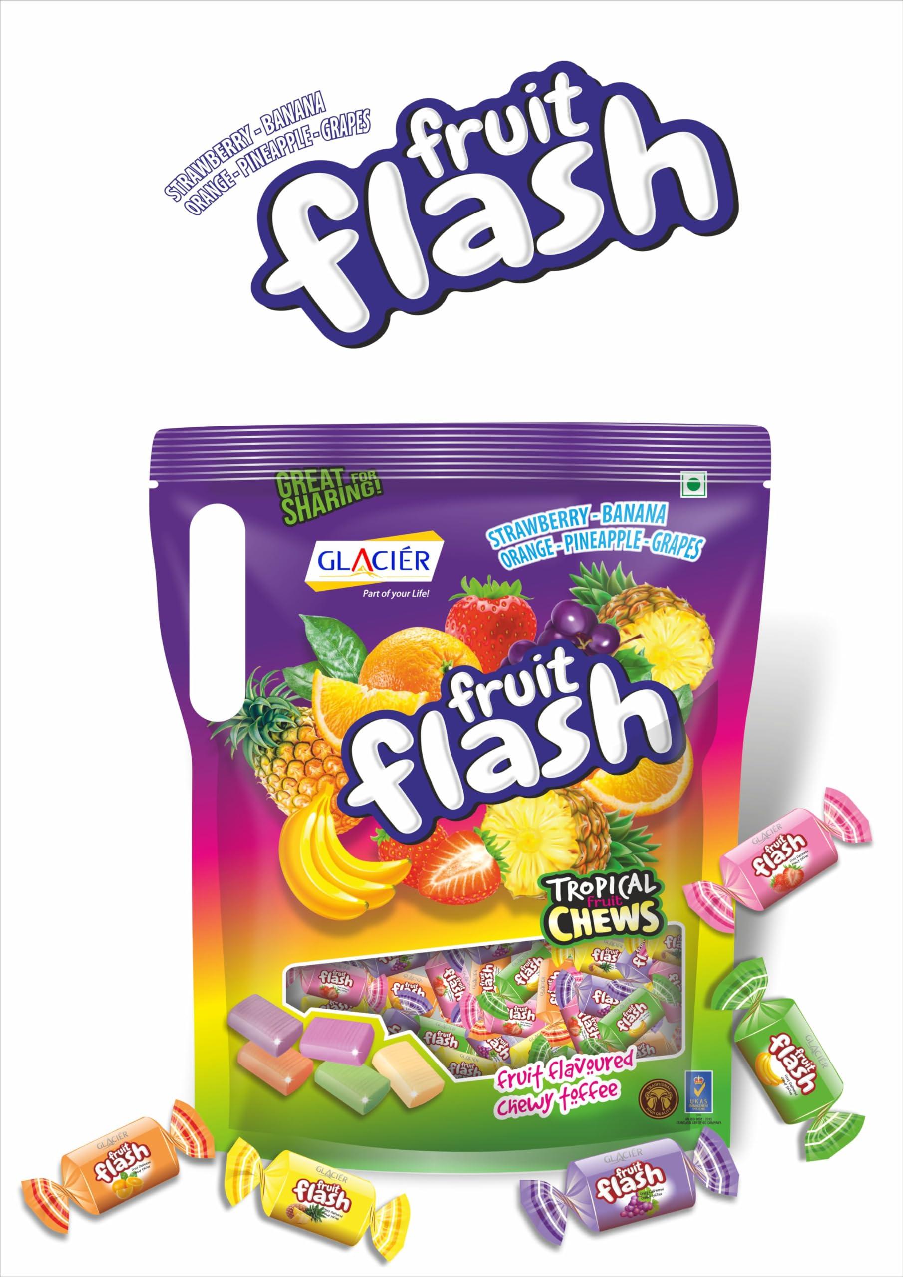 Glacier Glacier Fruit Flash Toffee | Fruit Flavoured Chewy Toffee | 5 Delicious Fruit Flavours in 1 Pack | Taste of Banana, Strawberry, Orange, Pineapple, and Grapes | 625 grams