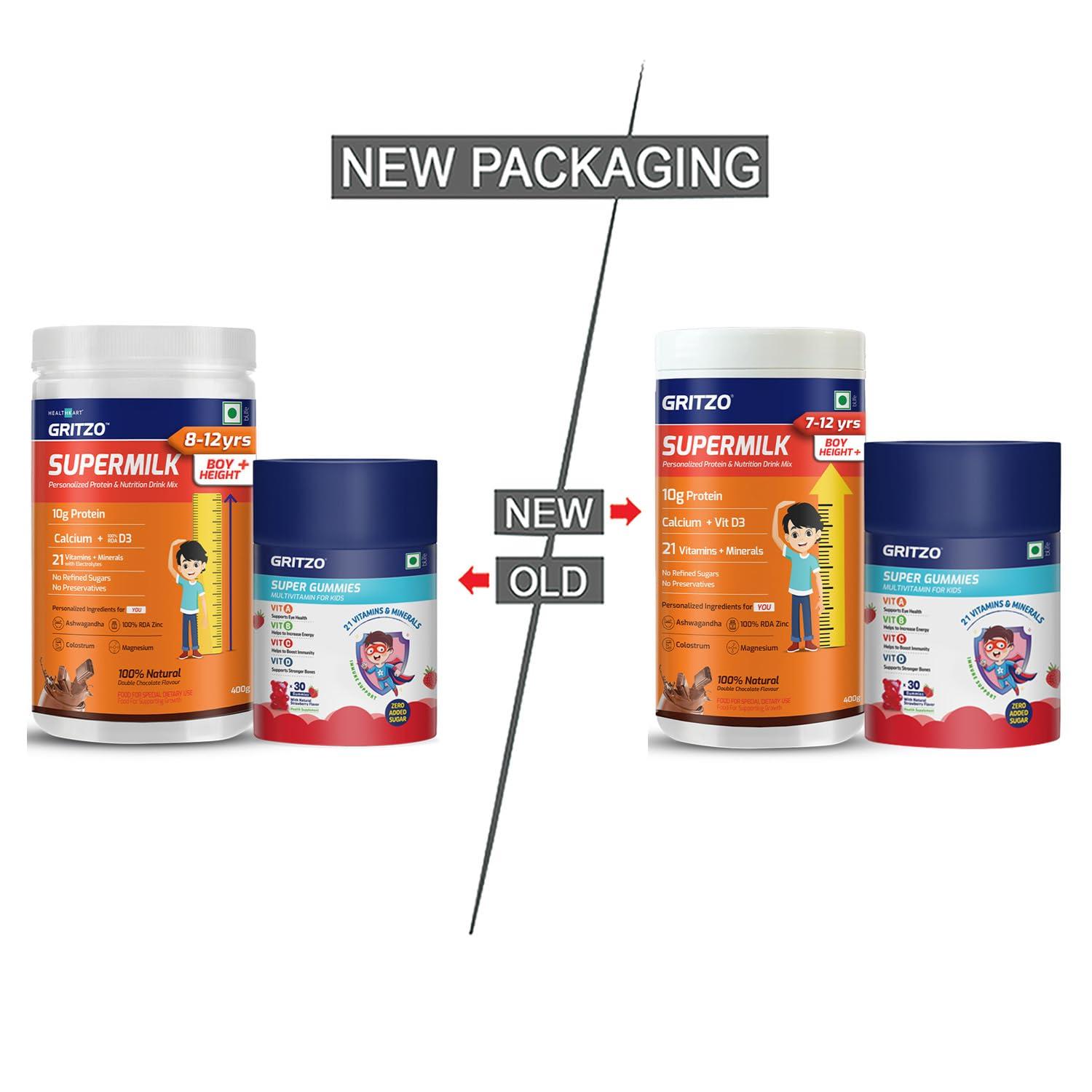 Gritzo Gritzo SuperMilk Height+, (7-12y Boys) Powder with Super Gummies (Double Chocolate, 400g & Strawberry, 30 Gummies) (Combo Pack)
