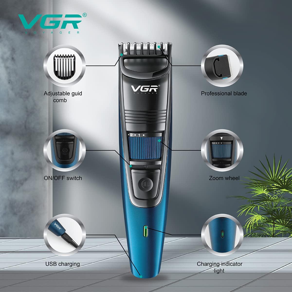 VGR VGR V-052 Professional Hair Trimmer for men  Adjustable Length Settings (0.5-10mm), USB Rechargeable, Cord/Cordless Operation, Washable Head, Includes Guide Comb & Cleaning Accessories (Blue)