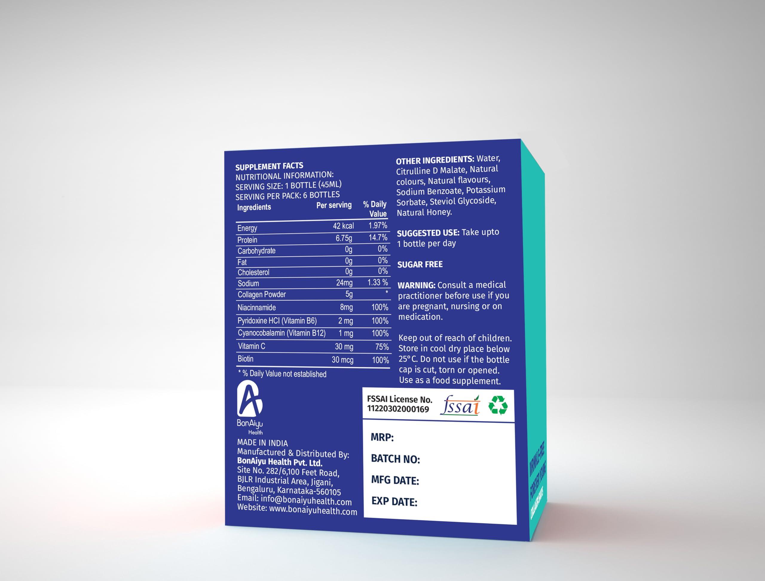 BonAyu BonAiyu WRINKLE-FREE FOREVER YOUNG COLLAGEN SHOTS All Natural (Green Apple Flavour) | With Vitamin C & Biotin | Promotes Healthy & Glowing Skin, Hair & Nails | Sugar Free for Women / Men | 45ml Each (Pack Of 6 Pet Bottles)