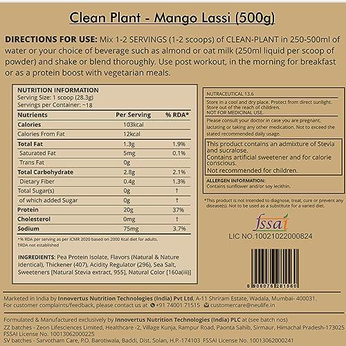 Neulife NEULIFE® CLEAN-PLANT Protein Isolate Powder | Vegan Protein Powder for Men & Women | Gluten & Sugar-free 500g (Mango Lassi)