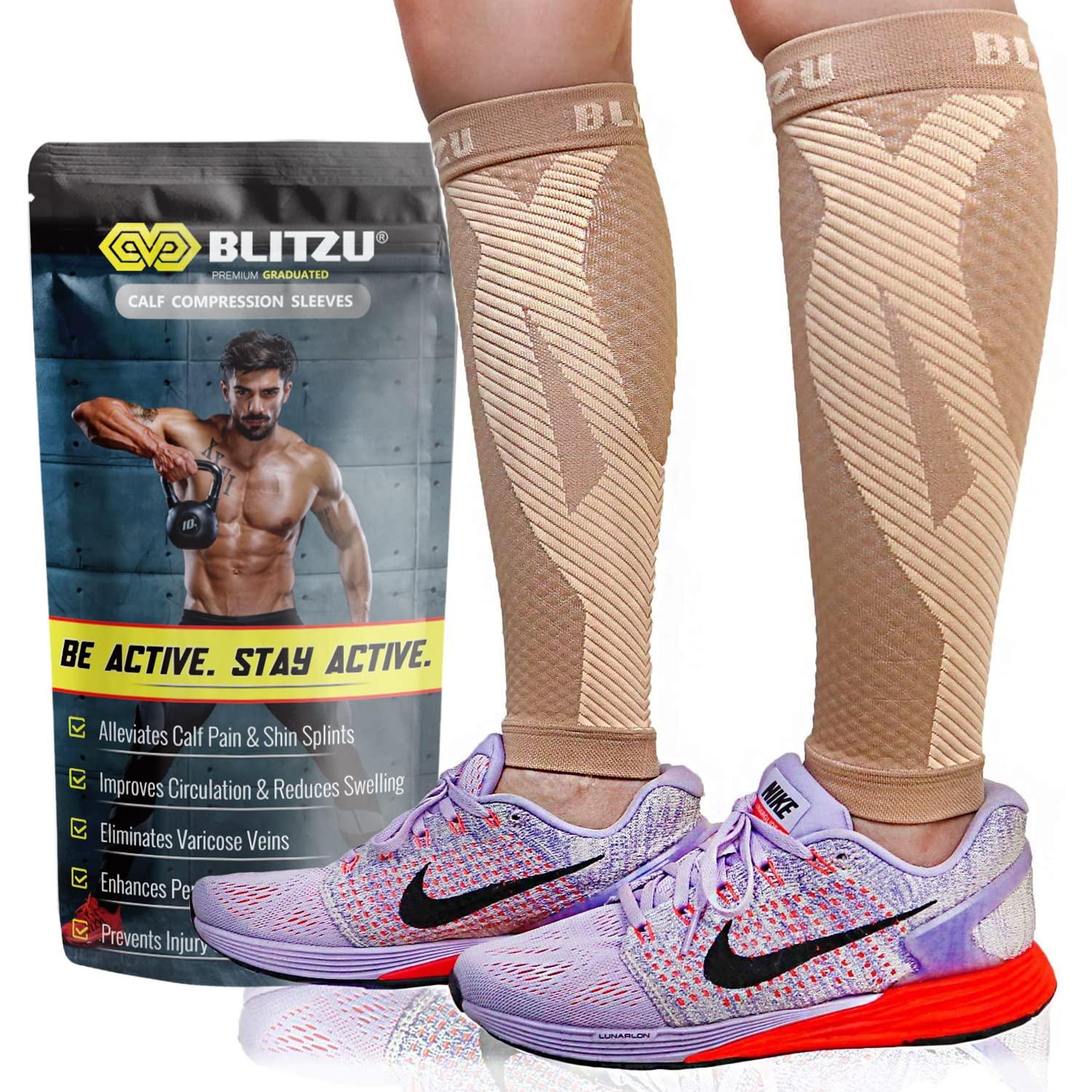 BLITZU BLITZU Calf Compression Sleeves For Women & Men Leg Compression Socks for Runners, Shin Splint, Recovery from Injury & Pain Relief Great for Running, Maternity, Travel, Nurses Nude L-XL