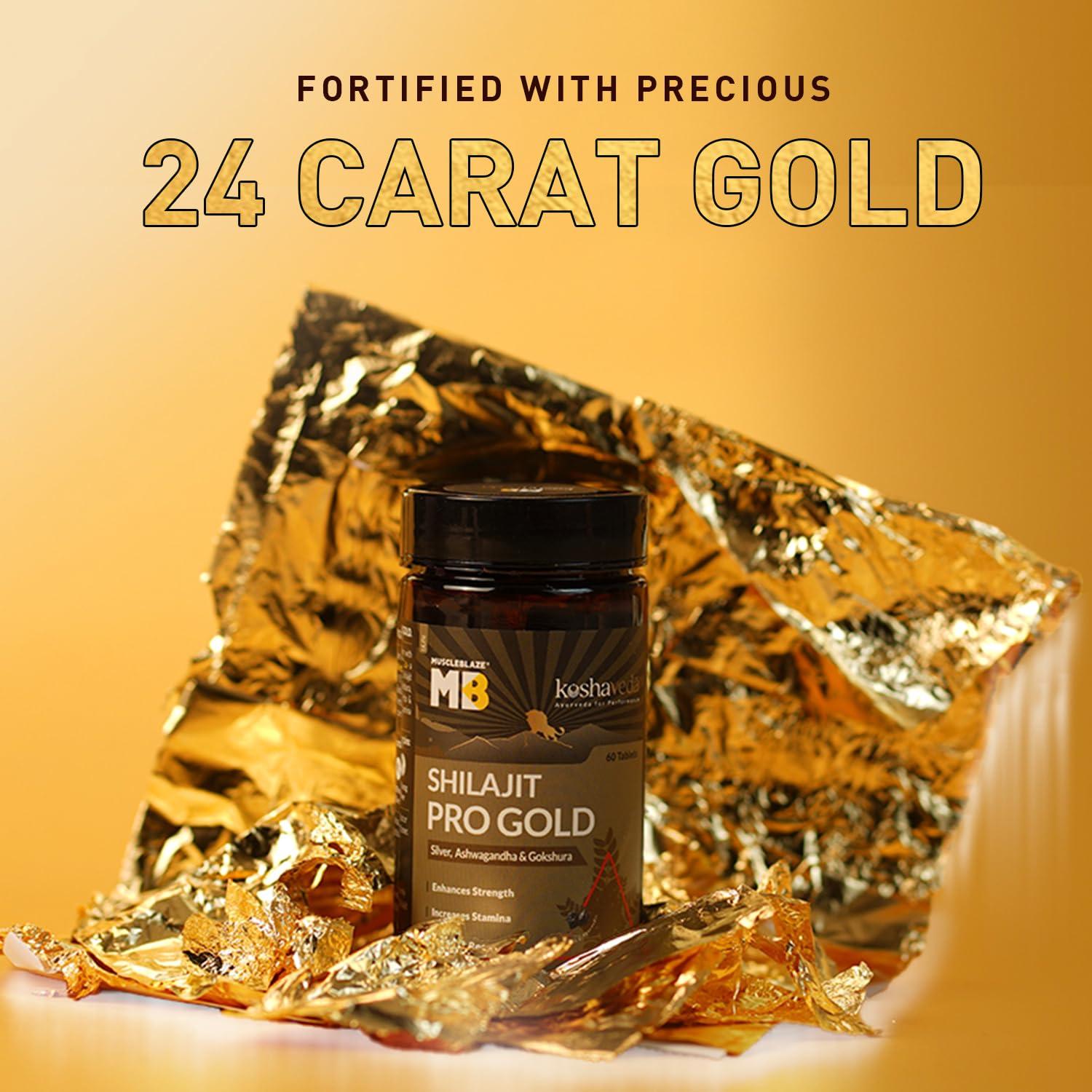 Koshaveda Koshaveda Shilajit Pro Gold by MuscleBlaze (60 Tablets Each, Pack of 2) | Fortified with 24 Carat Gold, Shilajit, Ashwagandha & Gokshura | For Strength, Stamina & Recovery