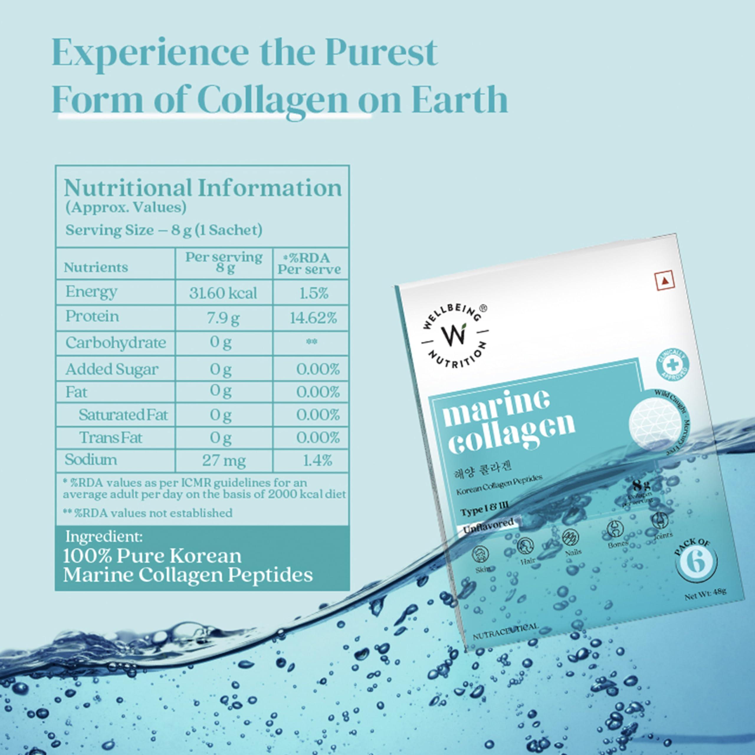 WELLBEING NUTRITION Wellbeing Nutrition Pure Korean Marine Collagen Supplements for Women & Men|Clinically Proven Type 1 & 3 Hydrolyzed Peptides|For Anti-Aging,Radiant Skin & Hair Growth|Unflavored - 6 Sachets, 48 grams