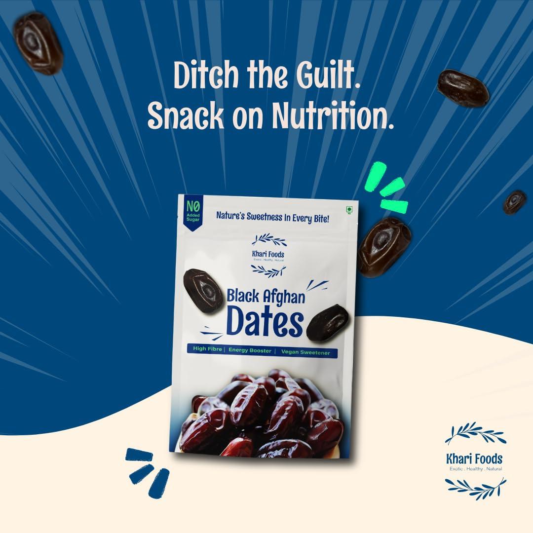 Khari Foods Khari Foods Premium Black Afghan Dates, High Fibre, Soft Dry Fruit Khajur/khajoor, Energy Health Snacks (200g)