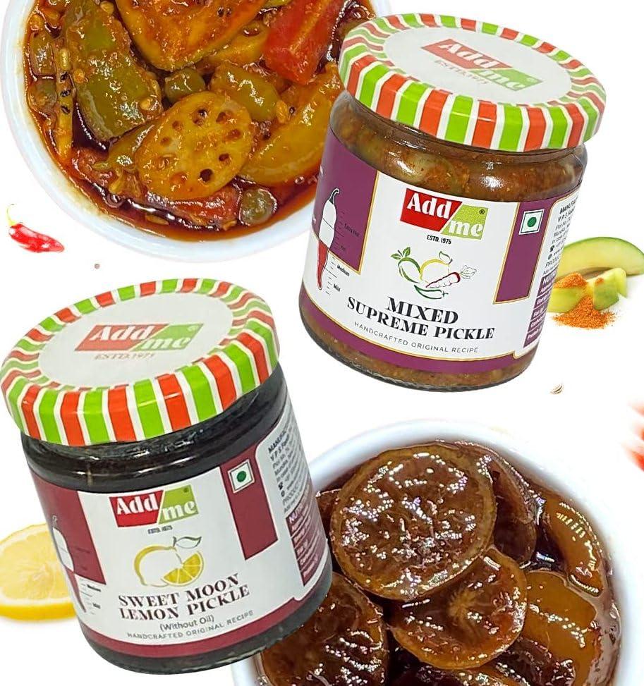 Add me Add me Combo Pickle Pack 6 In 1 Dry Mango Achar 150Gm + Mixed Pickles 200Gm + Amla Murabba 200Gm + Sweet Lemon Pickle 200Gm + Lal Mirchi Ka Achar 200Gm + Sweet Mango Jeera Chutney 200Gm Glass Jar