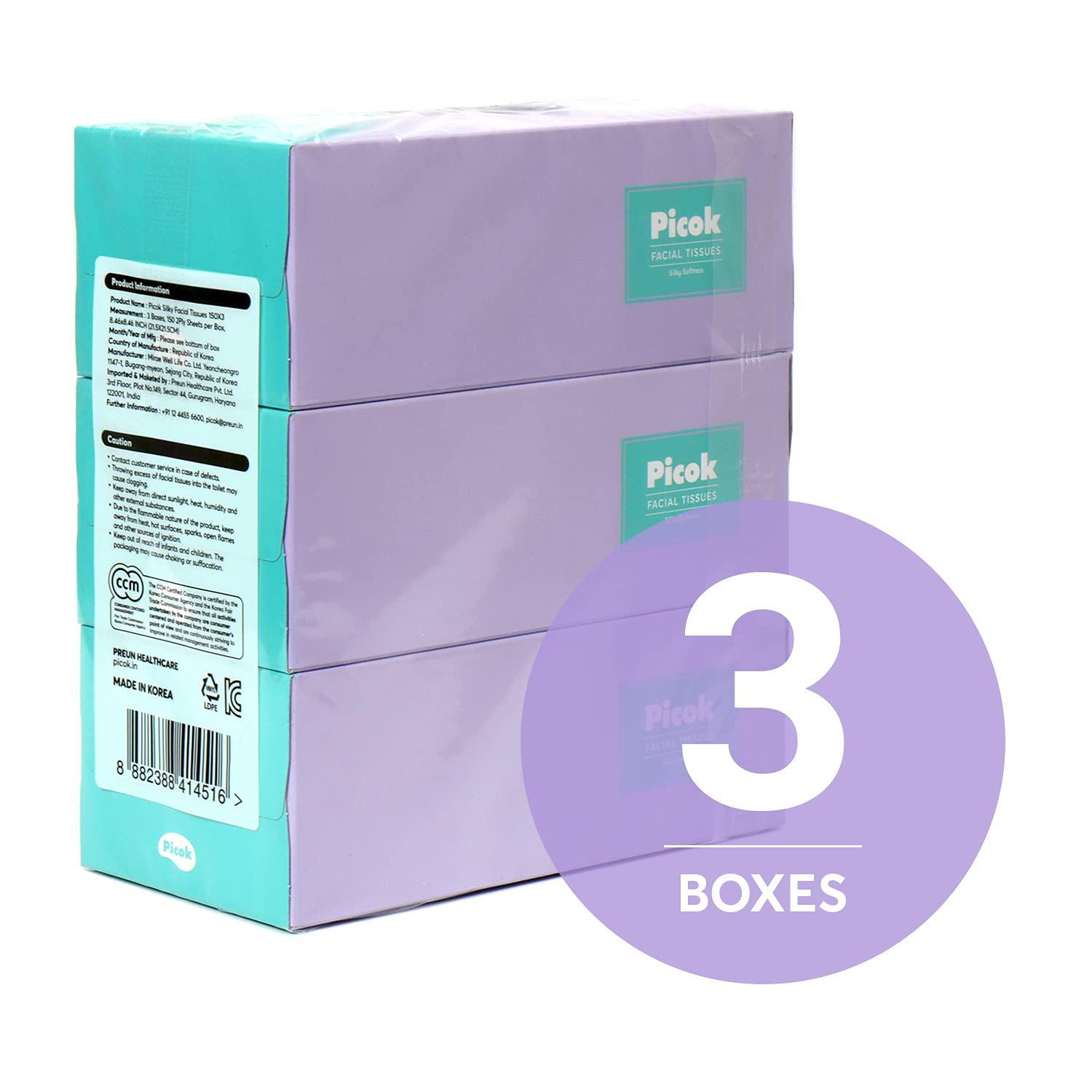 Picok Picok Silky Soft Facial Tissues (150 X 3box), Silky Touch,100% Natural Virgin Pulp, Made in Korea