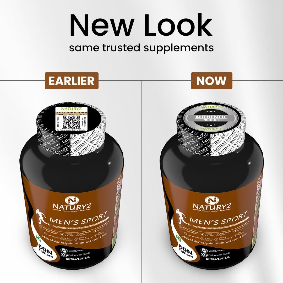 Naturyz NATURYZ MEN\'S SPORT Specialized Daily Multivitamin for Men with Highest 55 Nutrients (Vitamins, Minerals, Aminos, Enzymes, Antioxidants, Herbal Extracts ) and 13 Performance Blends for Muscle growth, Energy, Strength & Immunity - 60 Tablets(Pack of