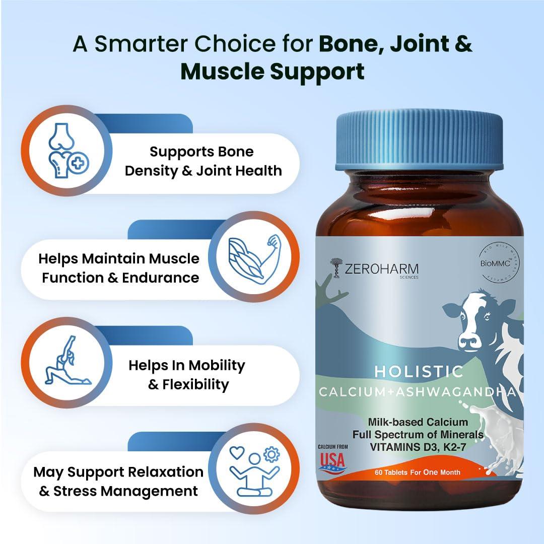 ZEROHARM ZEROHARM Holistic Calcium and Ashwagandha Tablets - For Muscles, Bone and Joint Health - Helps Relieve Stress and Anxiety - 120 Tablets - 700mg