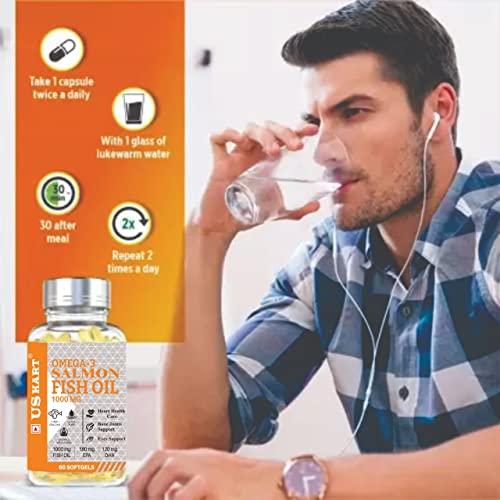 US KART NATURAL HEALTH SUPPLEMENTS US KART Omega 3 Salmon Fish Oil Capsules for Men & Women | 1000mg Omega 3 with 180 mg EPA & 120 mg DHA | No Fishy Burps | Omega 3 Fish Oil Supports Healthy Heart, Brain & Bones | 60 Softgels |