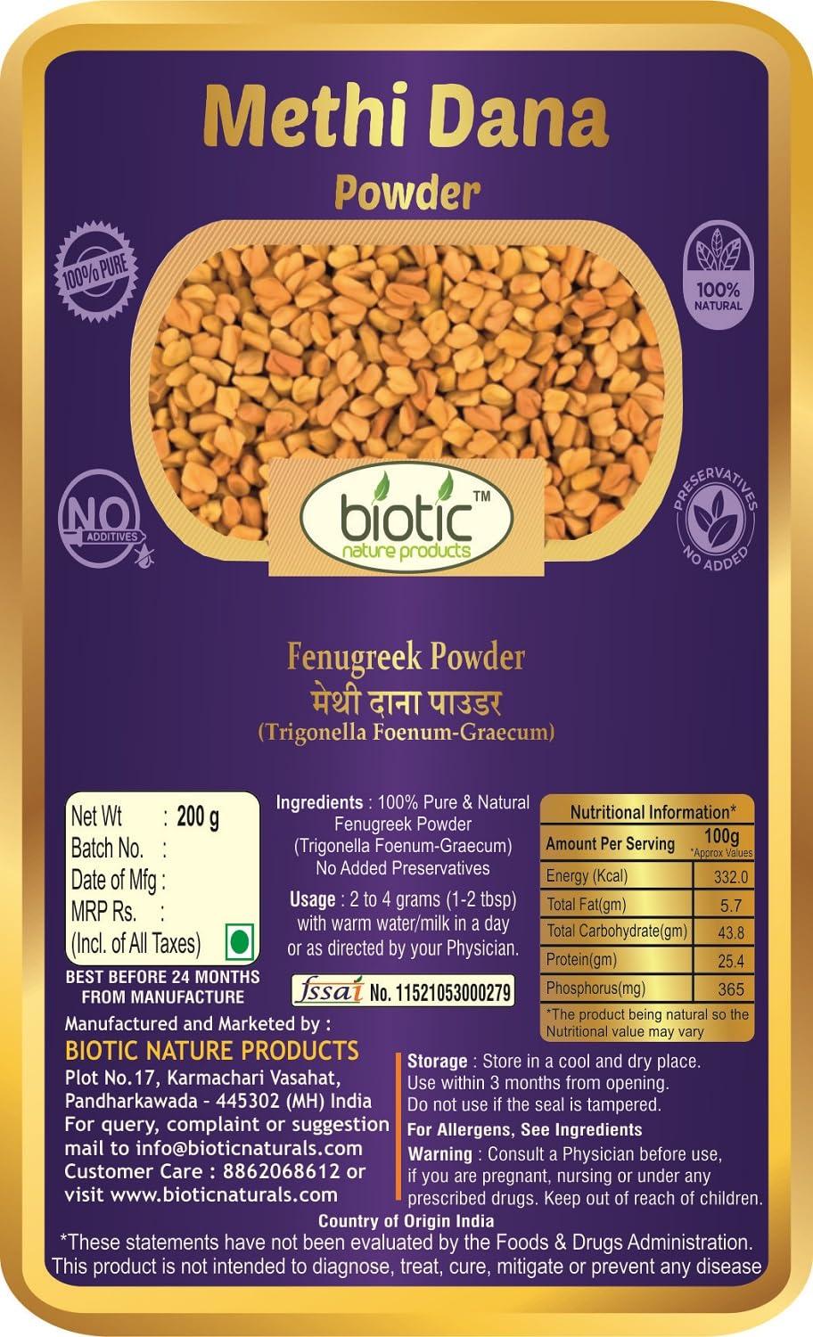 Biotic Biotic Natural Methi Dana Powder - Fenugreek Seeds Powder - Menthulu Seed Powder - 200gm for Hair and Eating