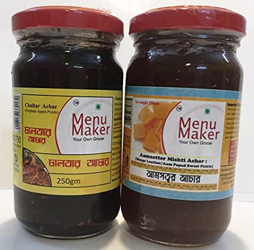 Menu Maker Menu Maker Select Premium Chaltar Achar [Elephant Apple Pickle] and Aamsatter Mishti Achar [Mango Leather/Aam Papad Sweet Pickle] Combo Pack, 250g Each