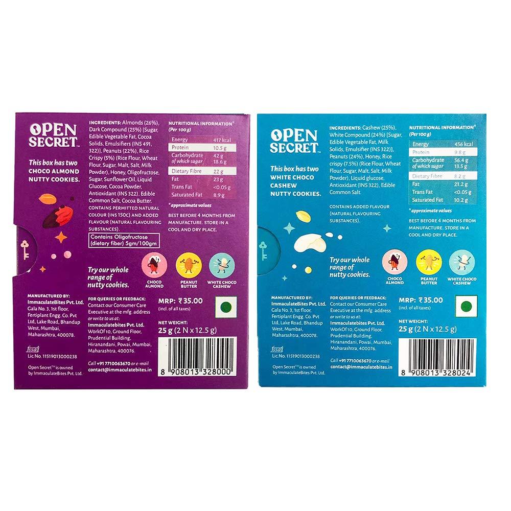 Open Secret Open Secret Multi Flavor Tiffin Snacks- Healthy Choco Almond (4) + White Choco Cashew (3) Cookies with Nuts |No Added Maida, Family & Back to School Snacks Biscuit | 7 Boxes (2 Cookies per Box)
