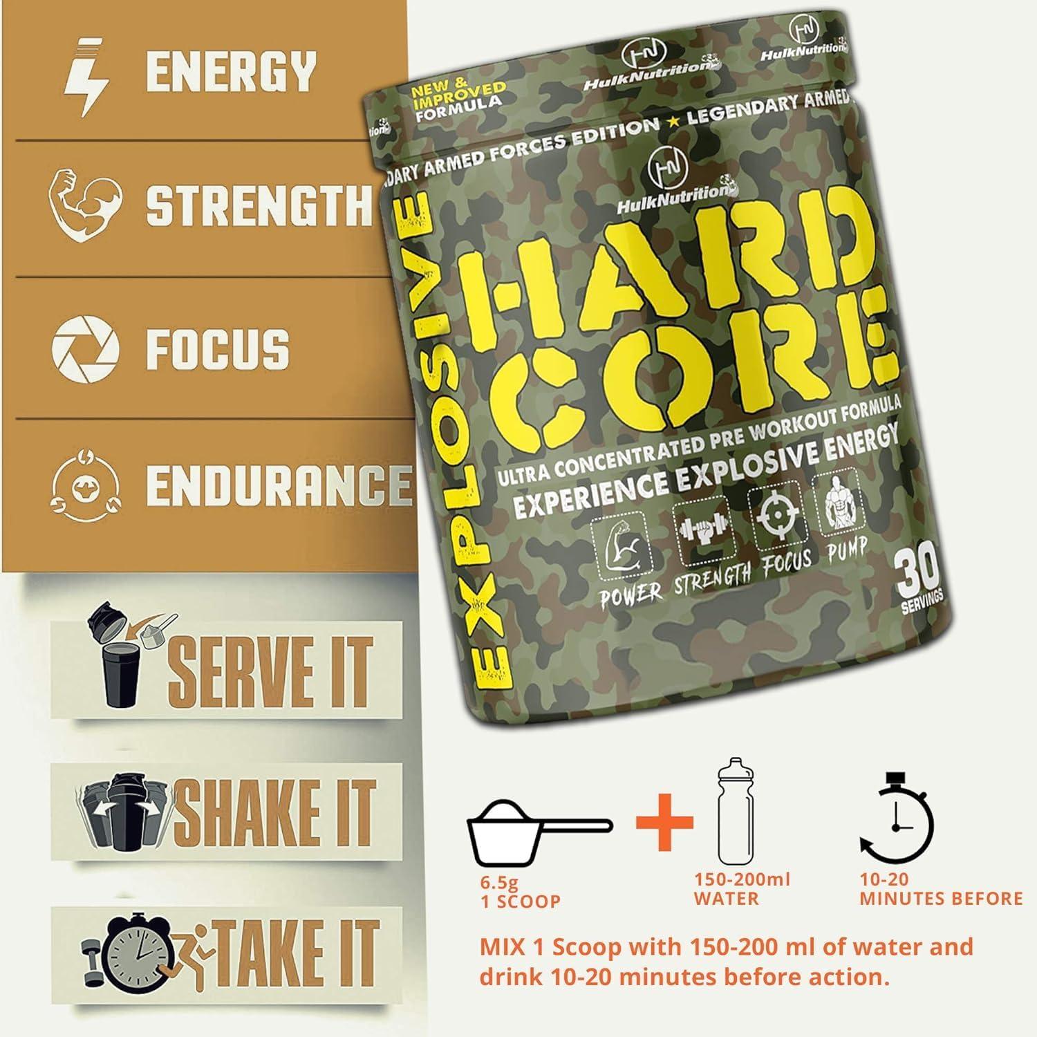 HulkNutrition Hulk Nutrition Hardcore Pre-Workout Supplement, Energy Drink with Creatine Monohydrate, Arginine AAKG, Beta-Alanine, Explosive Muscle Pump, Caffeinated Punch - For Men & Women [30 Servings, Warrior Apple] Free Gallon Shaker Bottle