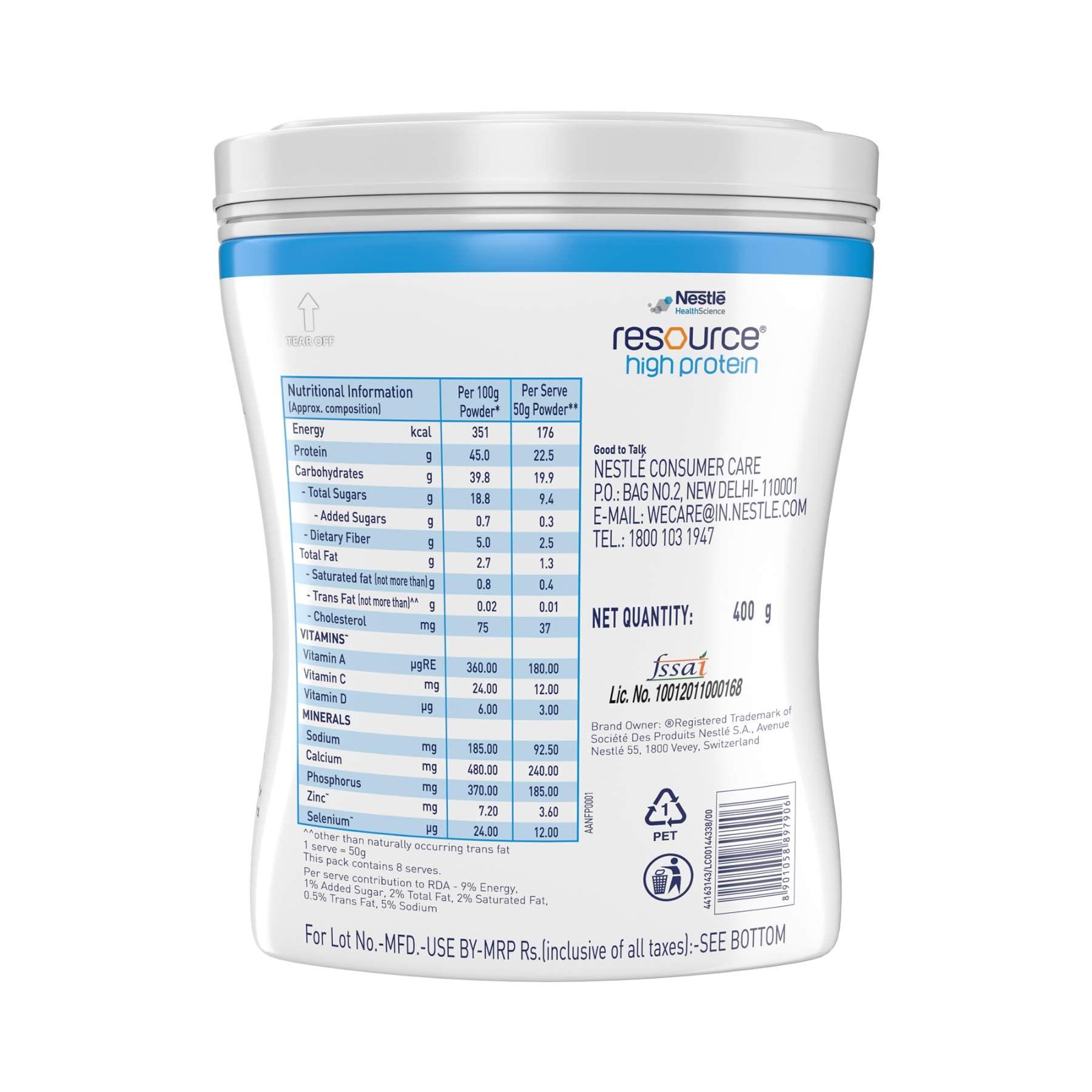 RESOURCE RESOURCE Nestle High Protein - Vanilla Flavour, Contains Whey Protein, 42G Protein Per 100G, Now Rich In Immunonutrients, Strengthens Muscles & Immune System - 400G Pet Jar Pack (Pack of 2)