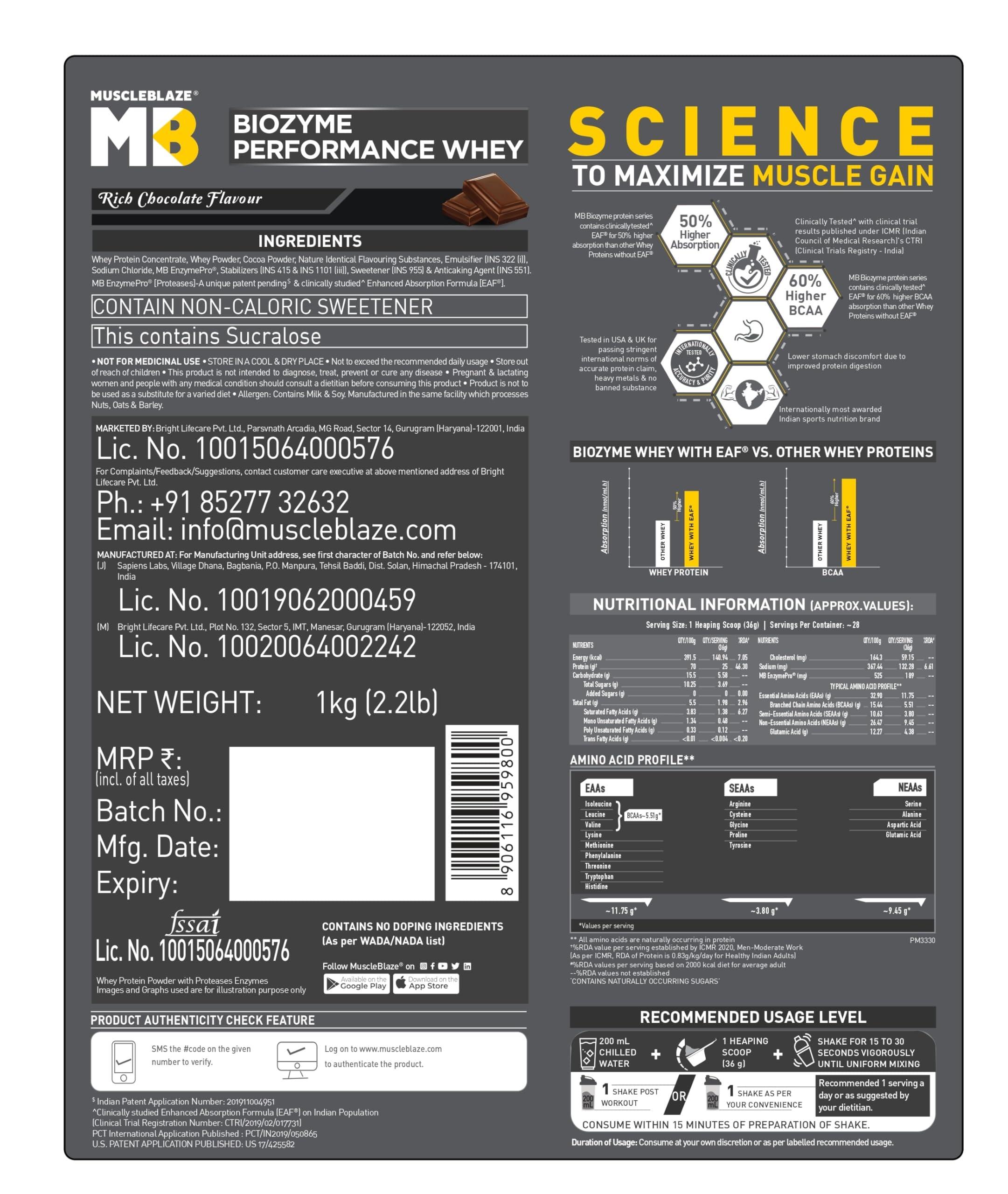 MuscleBlaze MuscleBlaze Biozyme Performance Whey Protein | Clinically Tested 50% Higher Protein Absorption | Informed Choice UK, Labdoor USA Certified & US Patent Filed EAF (Rich Chocolate, 1 kg Refill Pack)