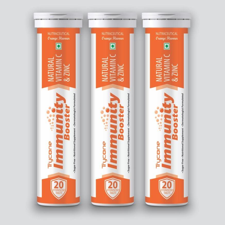TRYCONE Trycone Immunity Booster for Adults with Natural Vitamin C from Amla Extract & Zinc Antioxidant Immunity Booster Skin care - 60 Effervescent Tablets Orange Flavour