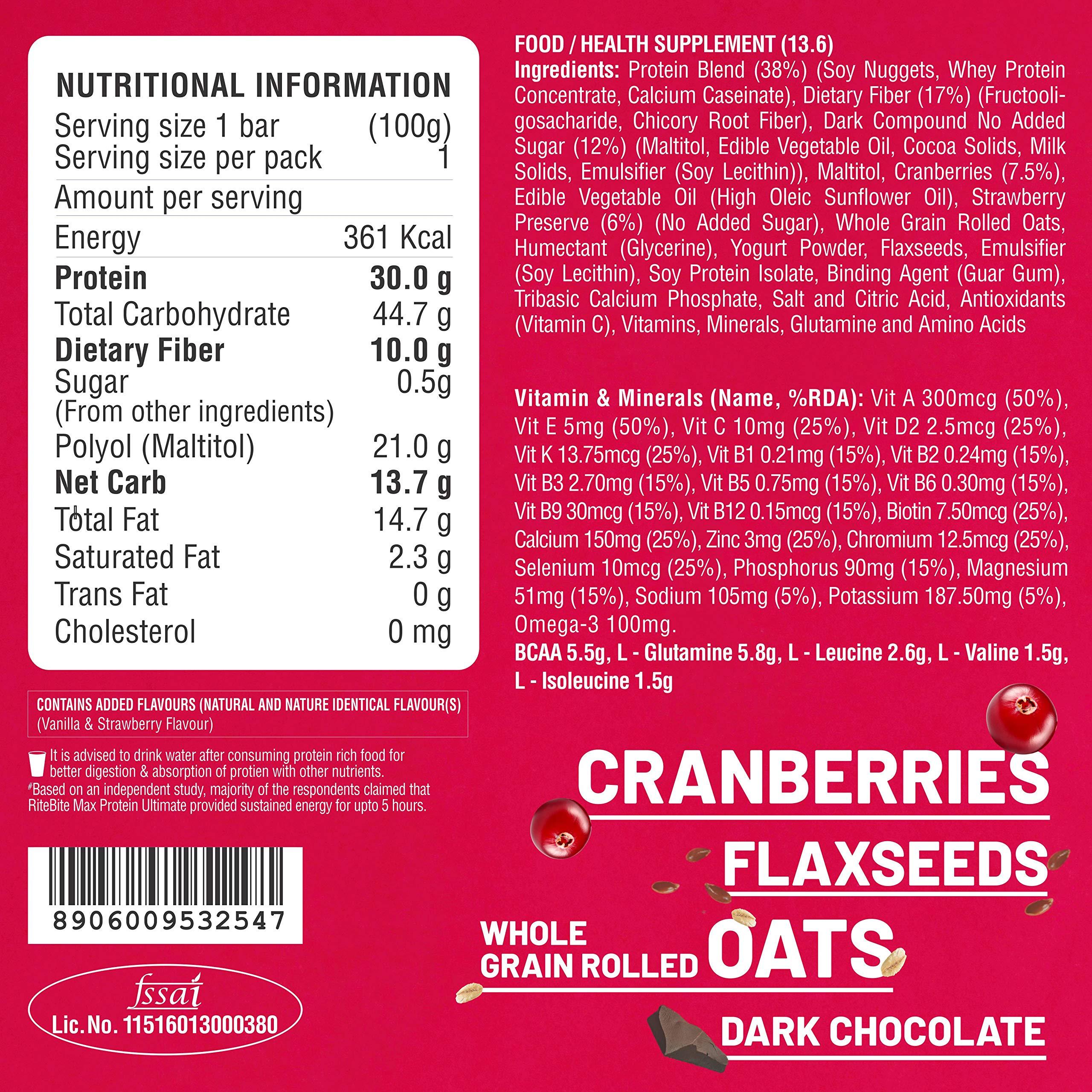 RiteBite Max Protein RiteBite Max Protein Ultimate Choco Berry Protein Bars with 30g Protein, 10g Fiber & 21 Vit. & Minerals | 0 Added Sugar, No Cholesterol & Trans Fat For Upto 5h of Energy, Healthy Snack, 100g (Pack of 3)