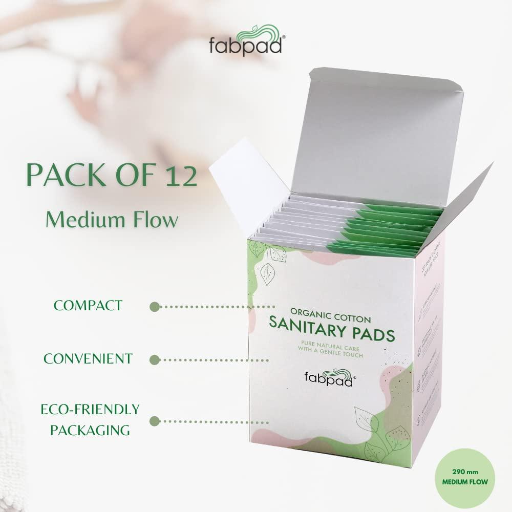 FabPad FabPad Organic Cotton Ultra Thin Rash Free Biodegradable Eco-Friendly Sanitary Pads Period Napkins with Disposable Cover (Medium Flow, Pack of 12)