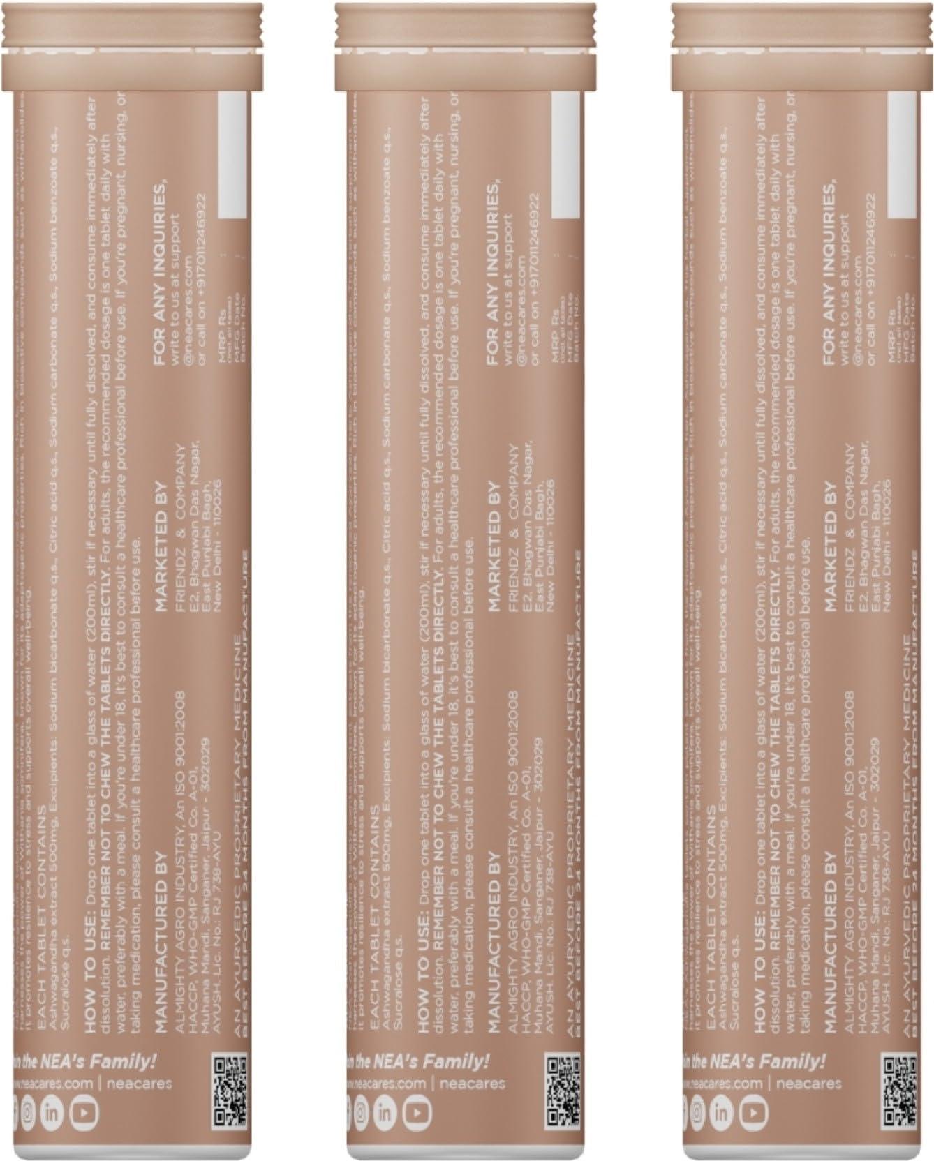 NEA Nea Ayurvedic Ashwagandha Effervescent Tablets | Stress Relief (45 Days Pack) | 3 Bottles of 15 Tablets Each