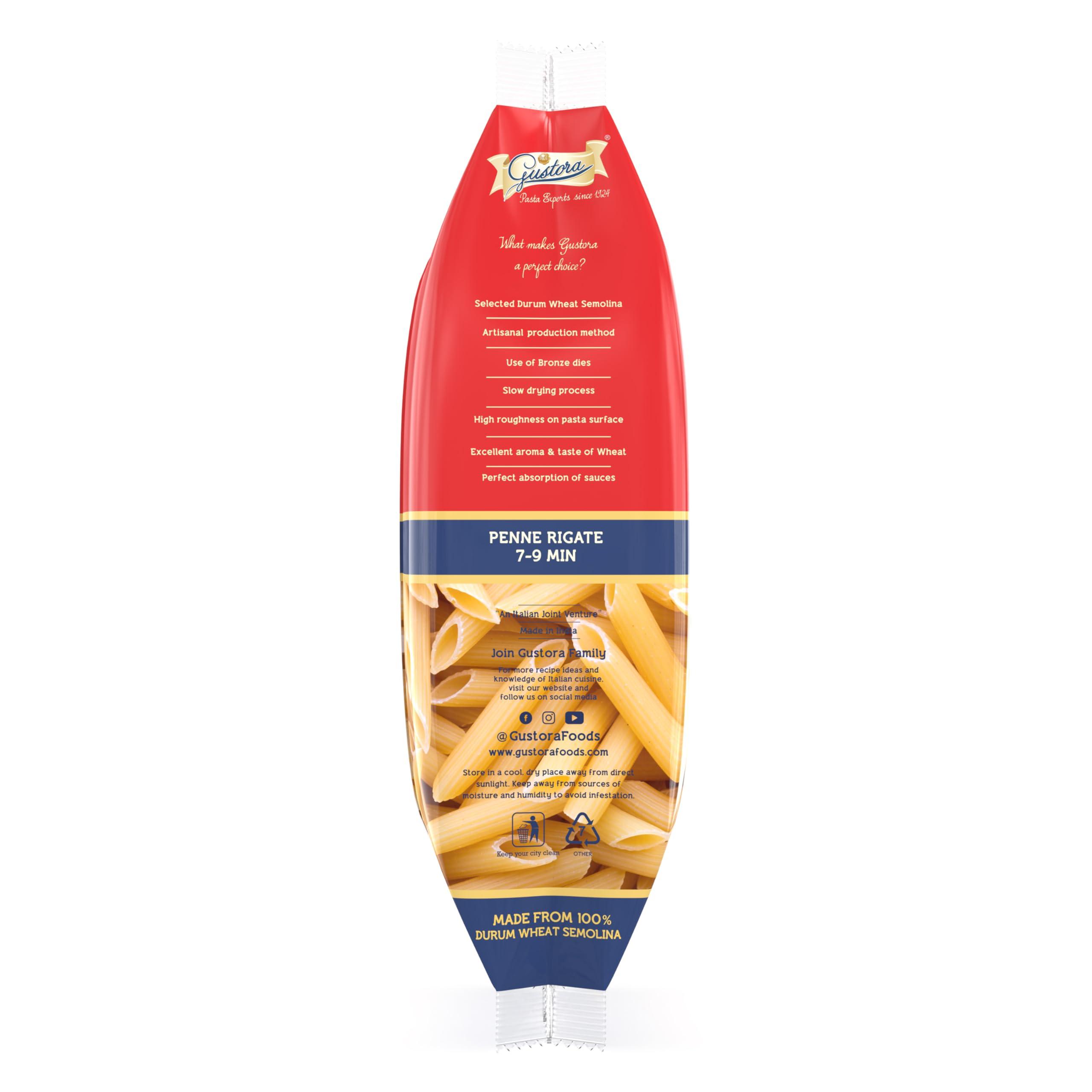 Gustora Gustora Penne Rigate Pasta, 500g I Penne Pasta Made of Durum Wheat Semolina I Vegetarian I Tasty & Healthy I No Trans-fat I Rich in Protein I Cooking Time 10 Min (500 Gram)