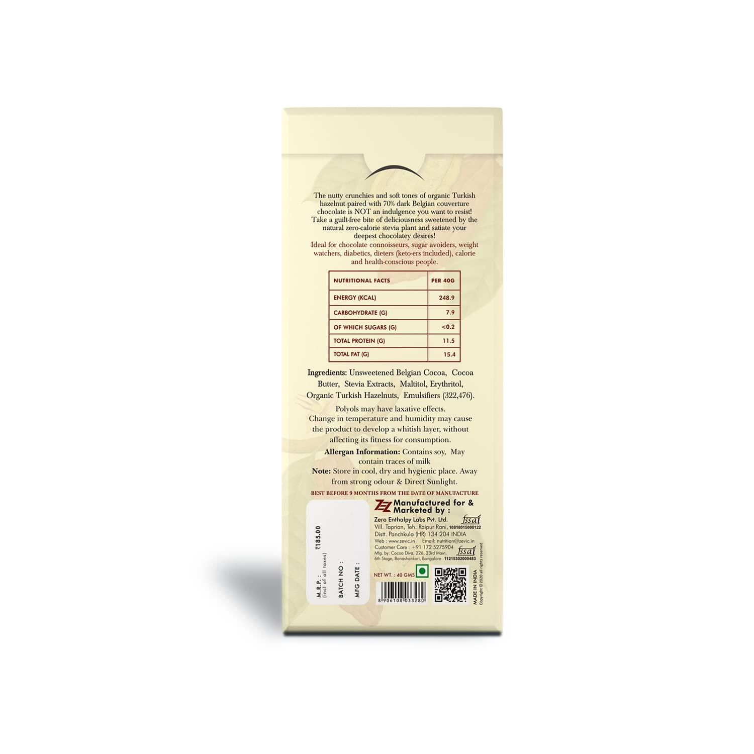 ZEVIC ZEVIC Organic Turkish Hazelnuts Chocolate Sugar Free | 70% Belgian Dark Chocolate | Stevia Chocolate | Rich in Vitamins & Minerals | Diabetic Friendly Chocolate | Healthy Chocolate, 40g - (Pack of 3)