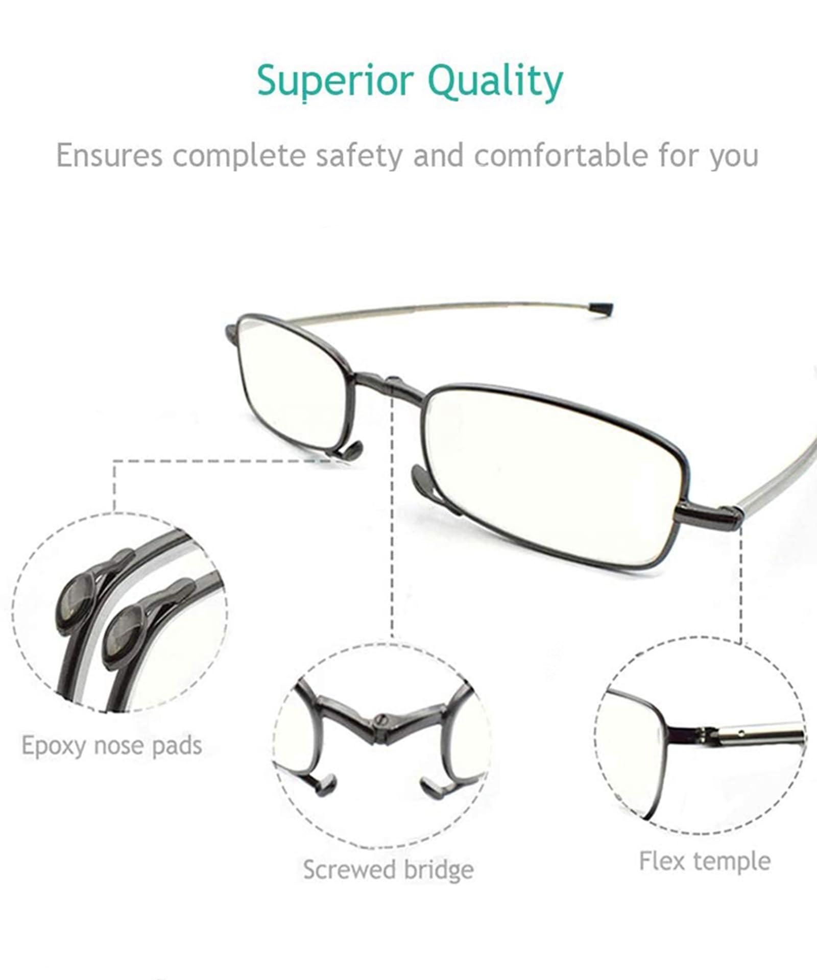 sevenplus 2 Pairs Blue Light Blocking Glasses Anti UV Glare Eyestrain Compact Folding Reading Glasses for Unisex with Cases Wiping Cloths 1.75X